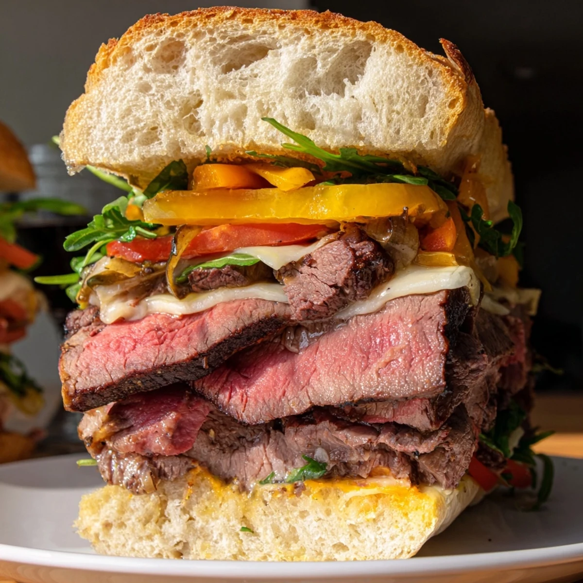 Juicy seared beef layered with sautéed peppers and fresh arugula on crusty bread for ultimate hearty steak sandwich lunch