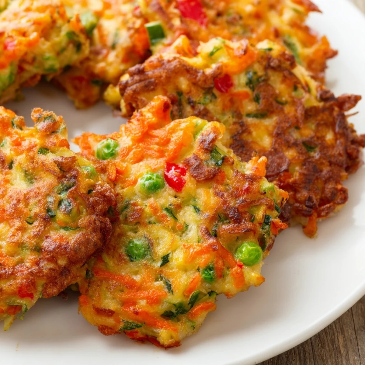 Golden brown crispy vegetable fritters served on a white plate with fresh herbs