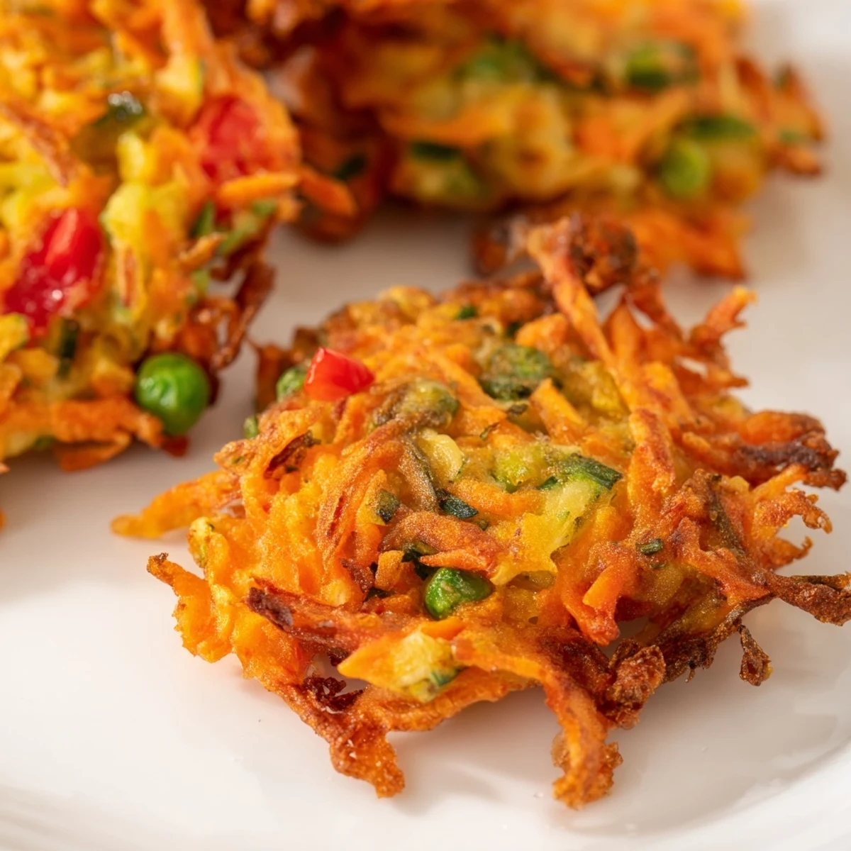 Homemade crispy vegetable fritters frying in a skillet with visible vegetable shreds throughout