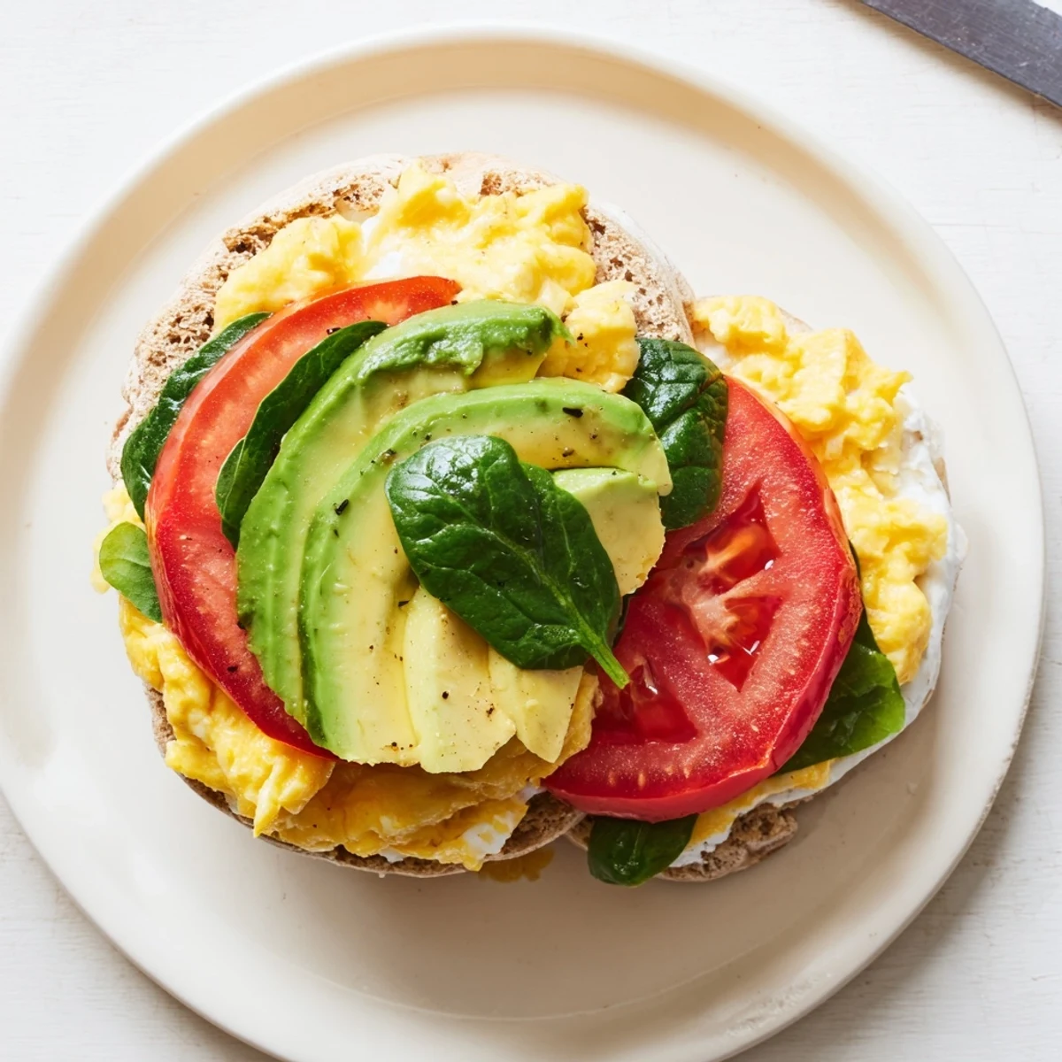 Healthy breakfast sandwich with scrambled eggs, avocado, spinach, and melted cheese on toasted whole grain English muffin