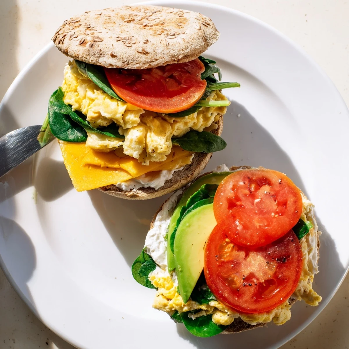 Vegetarian breakfast sandwich layered with fluffy eggs, fresh tomato slices, and creamy avocado on a split toasted muffin