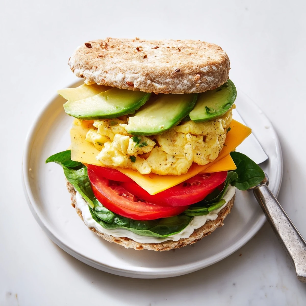 Protein-packed healthy breakfast sandwich featuring cheese, spinach, and scrambled eggs between whole grain English muffin halves