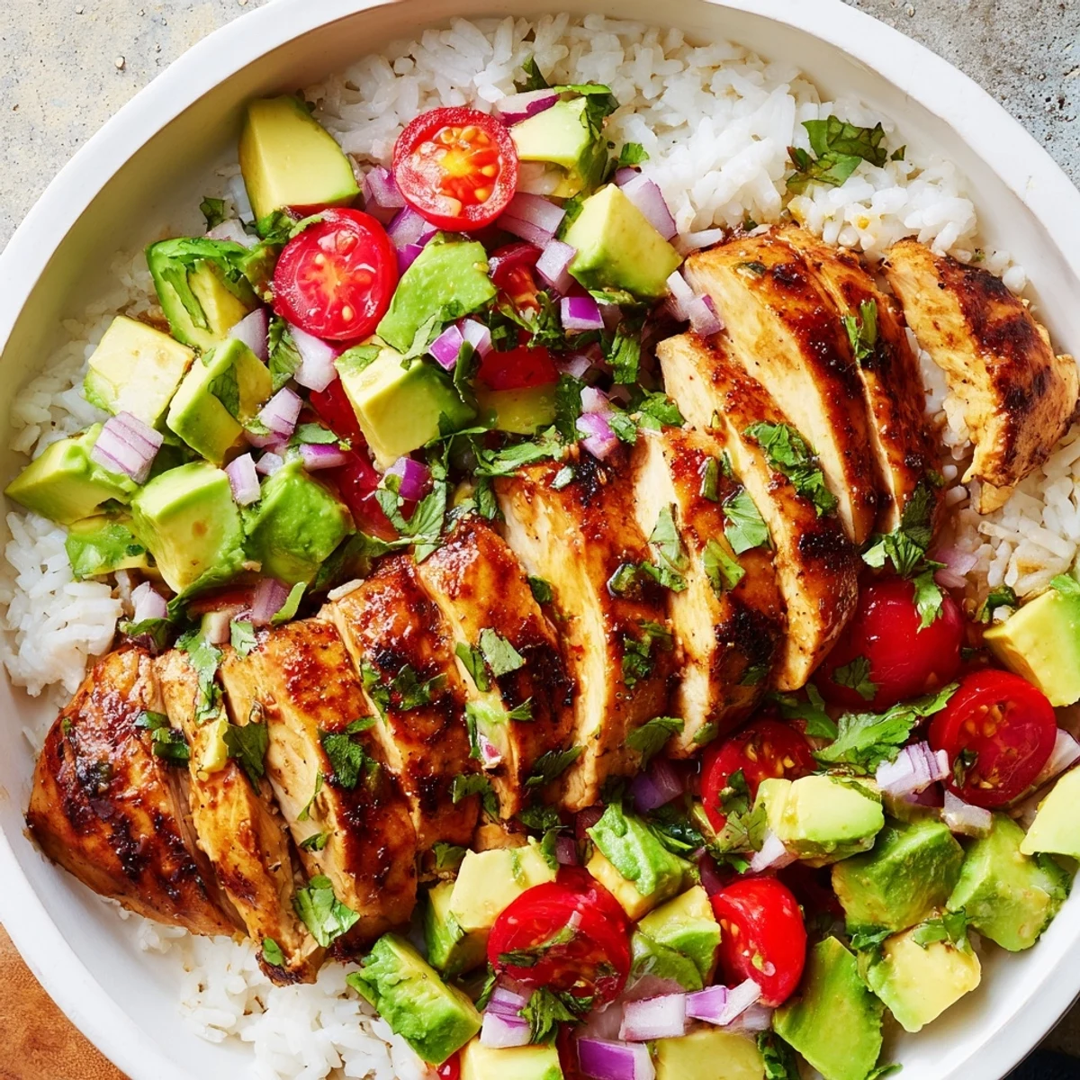Golden glazed chicken atop fluffy white rice with creamy avocado and fresh cilantro garnish