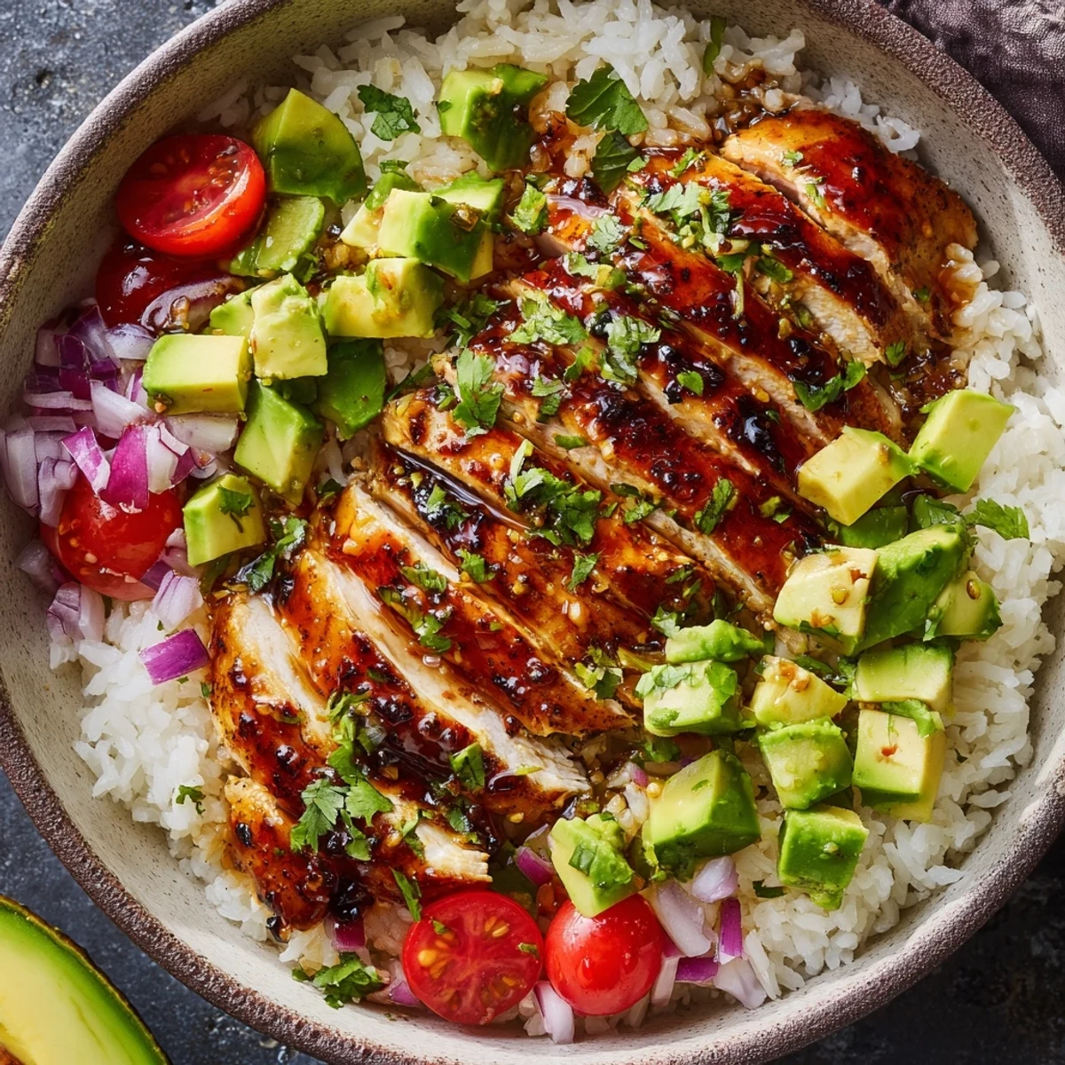 Vibrant honey lime chicken avocado rice bowl featuring tender sliced meat and colorful vegetables