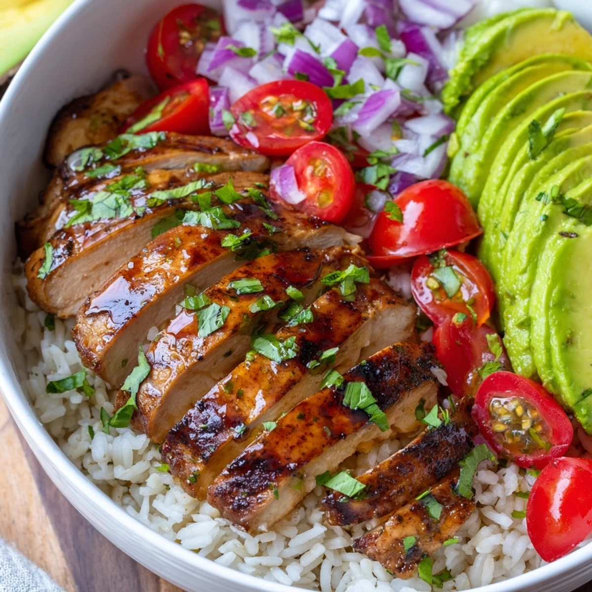 Steaming bowl of honey lime chicken rice with ripe avocado chunks and zesty lime wedges
