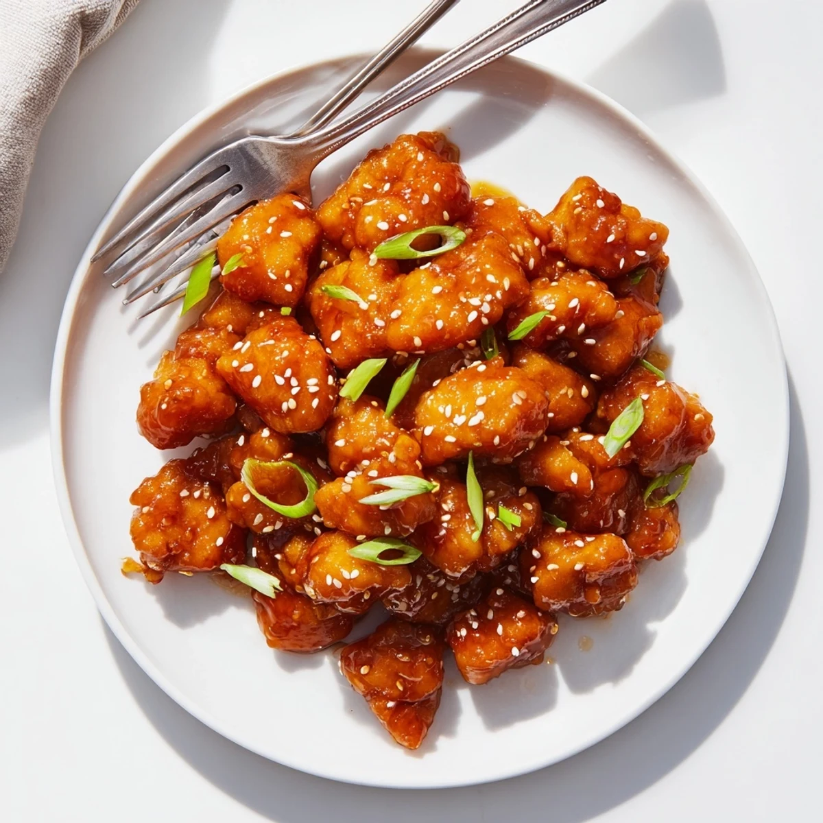 Golden honey chicken pieces coated in thick glossy glaze with sesame seeds and green onions