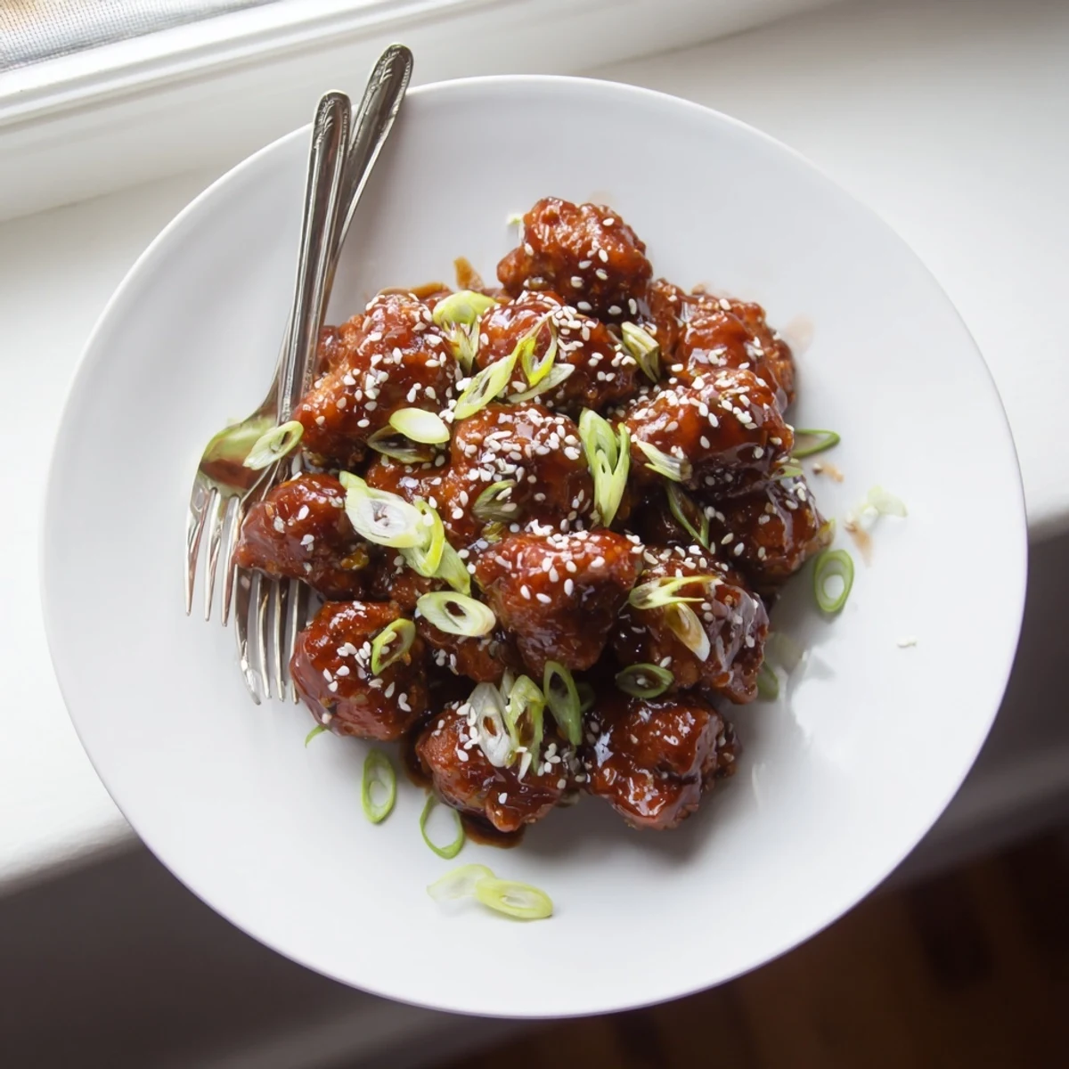 Asian-inspired honey chicken with caramelized coating served over rice with crunchy sesame topping