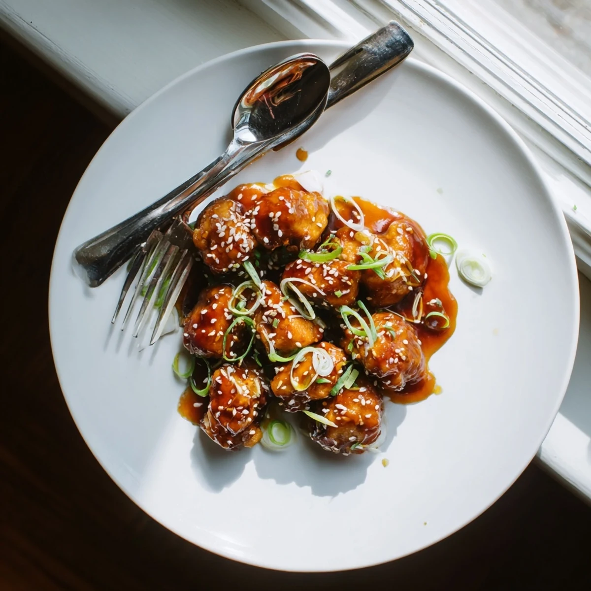 Tender honey chicken skillet simmering in sweet sticky sauce garnished with fresh sliced scallions