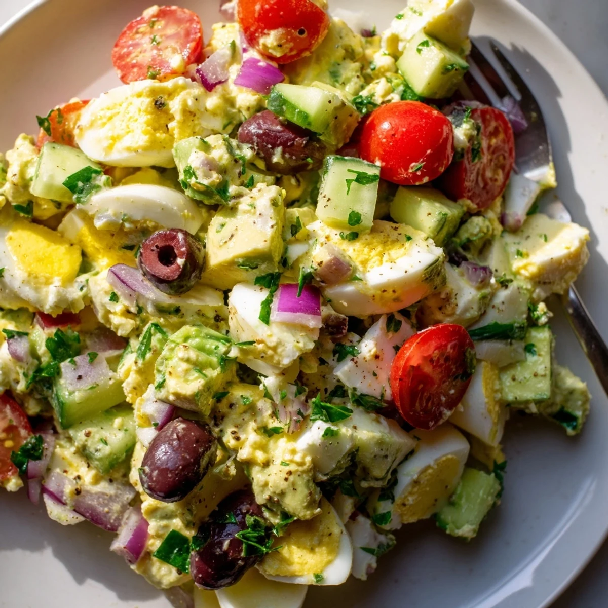 Vibrant bowl of zesty avocado egg salad featuring ripe avocados, cherry tomatoes, and Kalamata olives