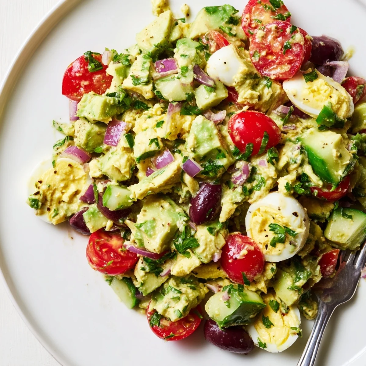 Fresh Mediterranean avocado egg salad tossed with olive oil, parsley, crisp cucumber, and red onion