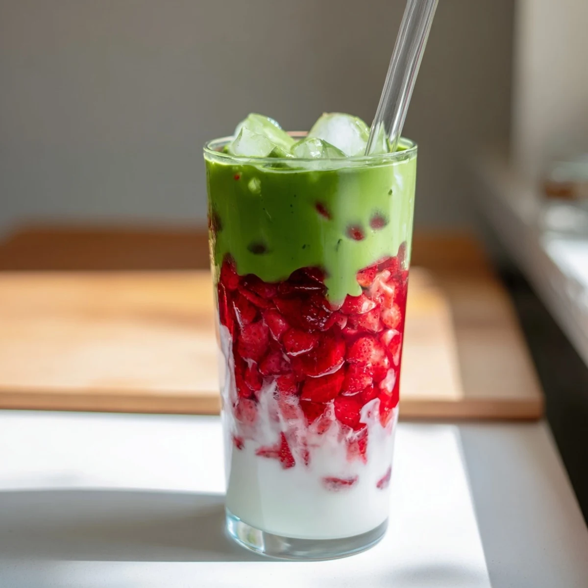 Glass of strawberry matcha latte with distinct red and green layers swirling together with ice cubes in a clear tumbler