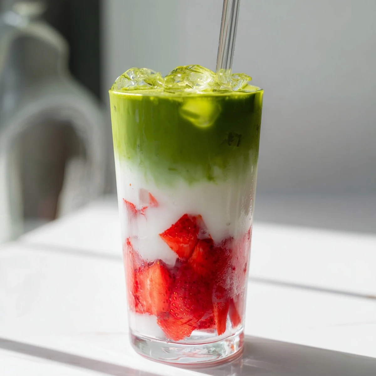 Refreshing strawberry matcha latte displaying beautiful gradient layers of sweet strawberry puree earthy matcha and frothy milk