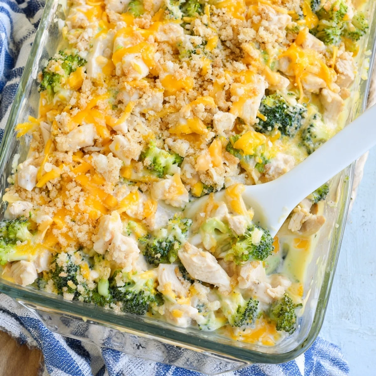 Creamy chicken broccoli casserole baked to golden perfection with tender broccoli and cheesy sauce