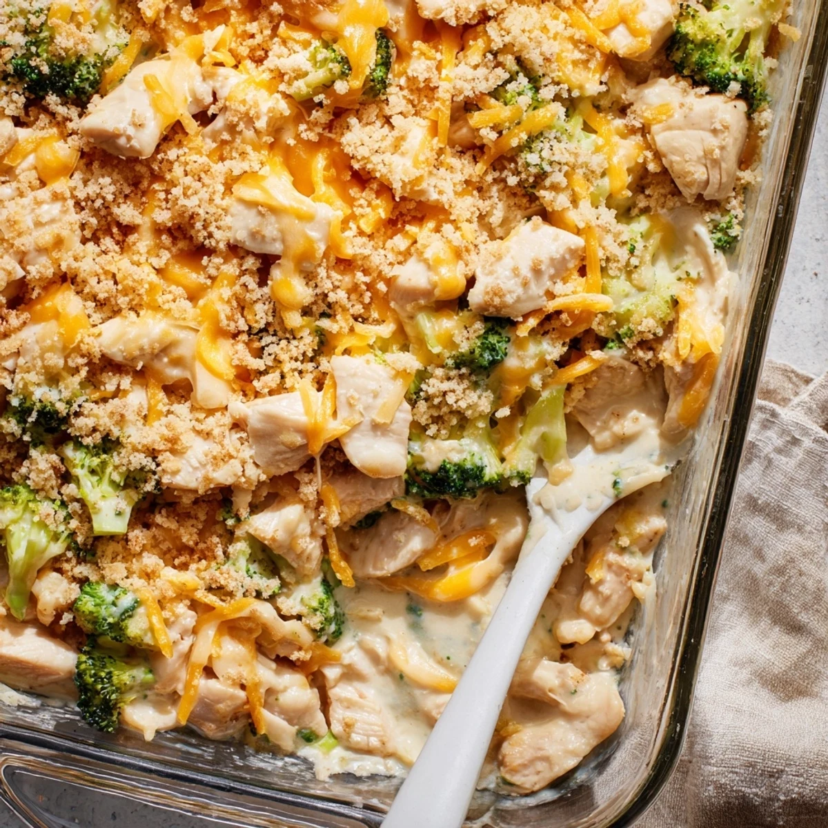 Golden chicken broccoli casserole bubbling with melted cheddar and crispy buttered panko topping