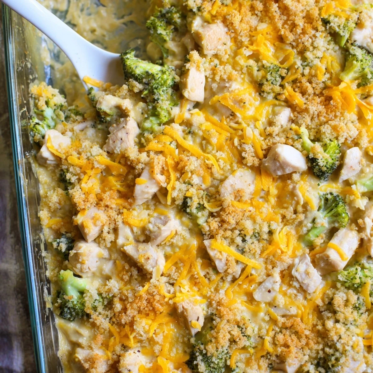 Hearty chicken broccoli casserole served family style with steam rising from the rich, bubbly center