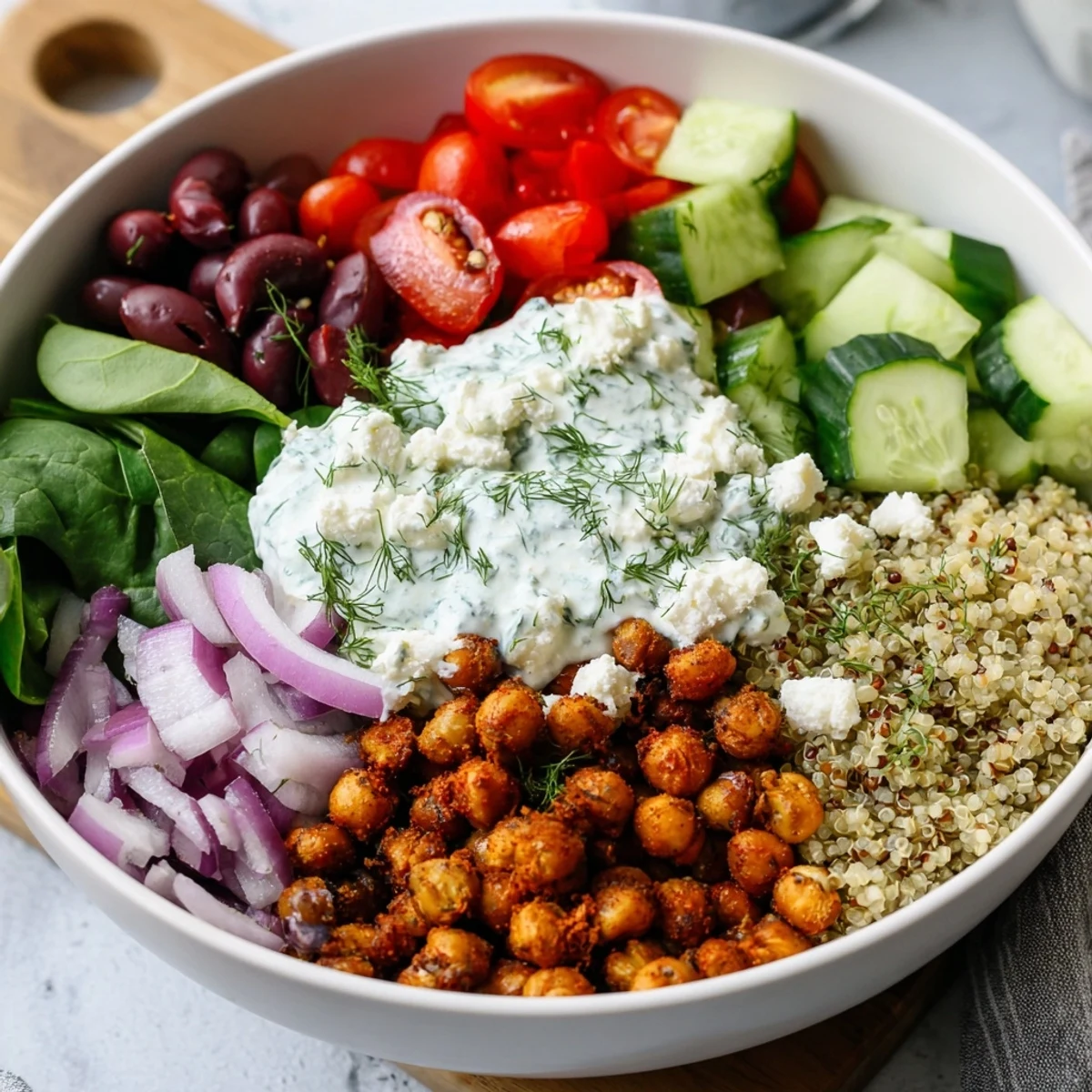 Colorful Greek Power Bowls piled high with quinoa, fresh vegetables, chickpeas, and creamy tzatziki sauce