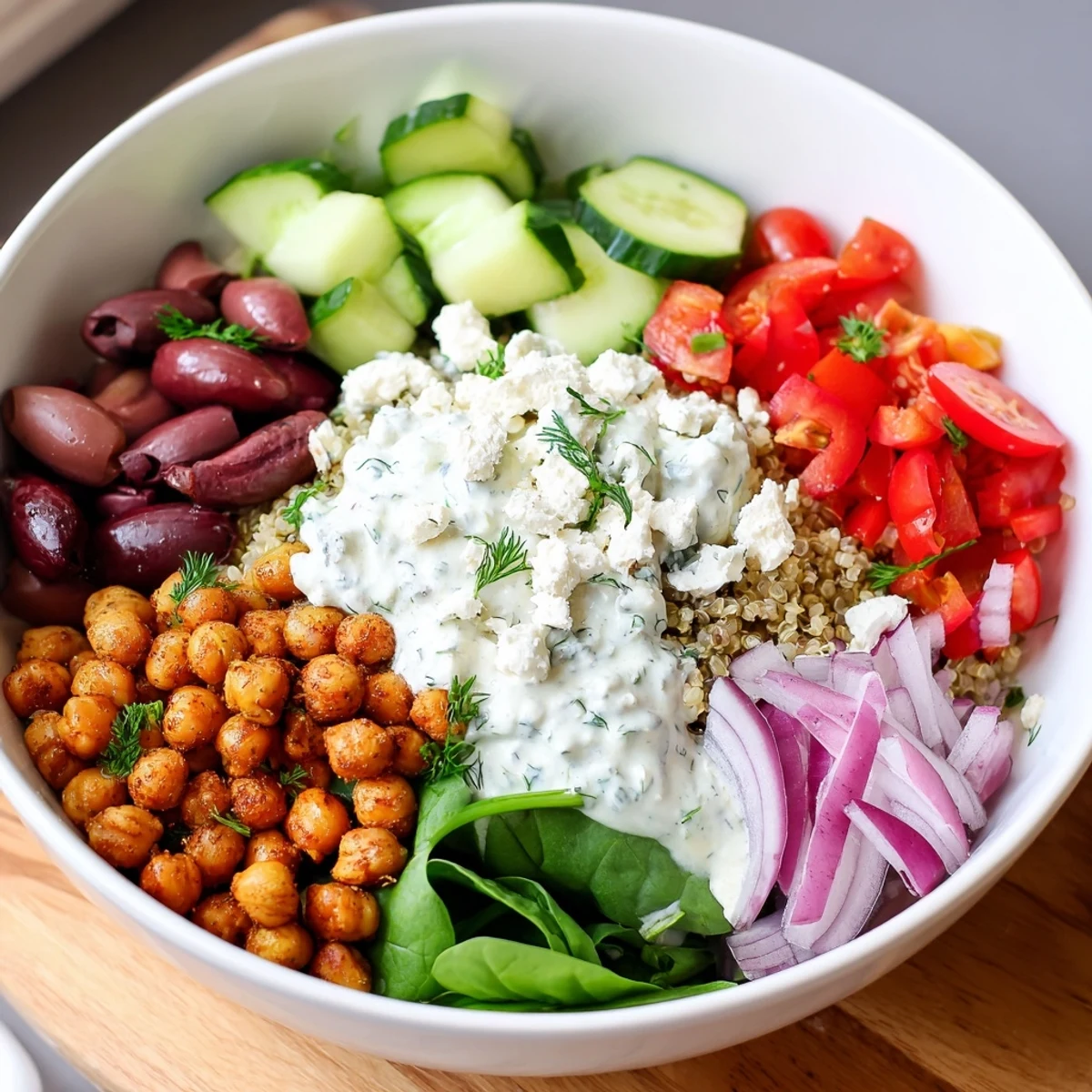 Vibrant meal prep Greek Power Bowls with fluffy quinoa, spinach, olives, and homemade tzatziki dressing