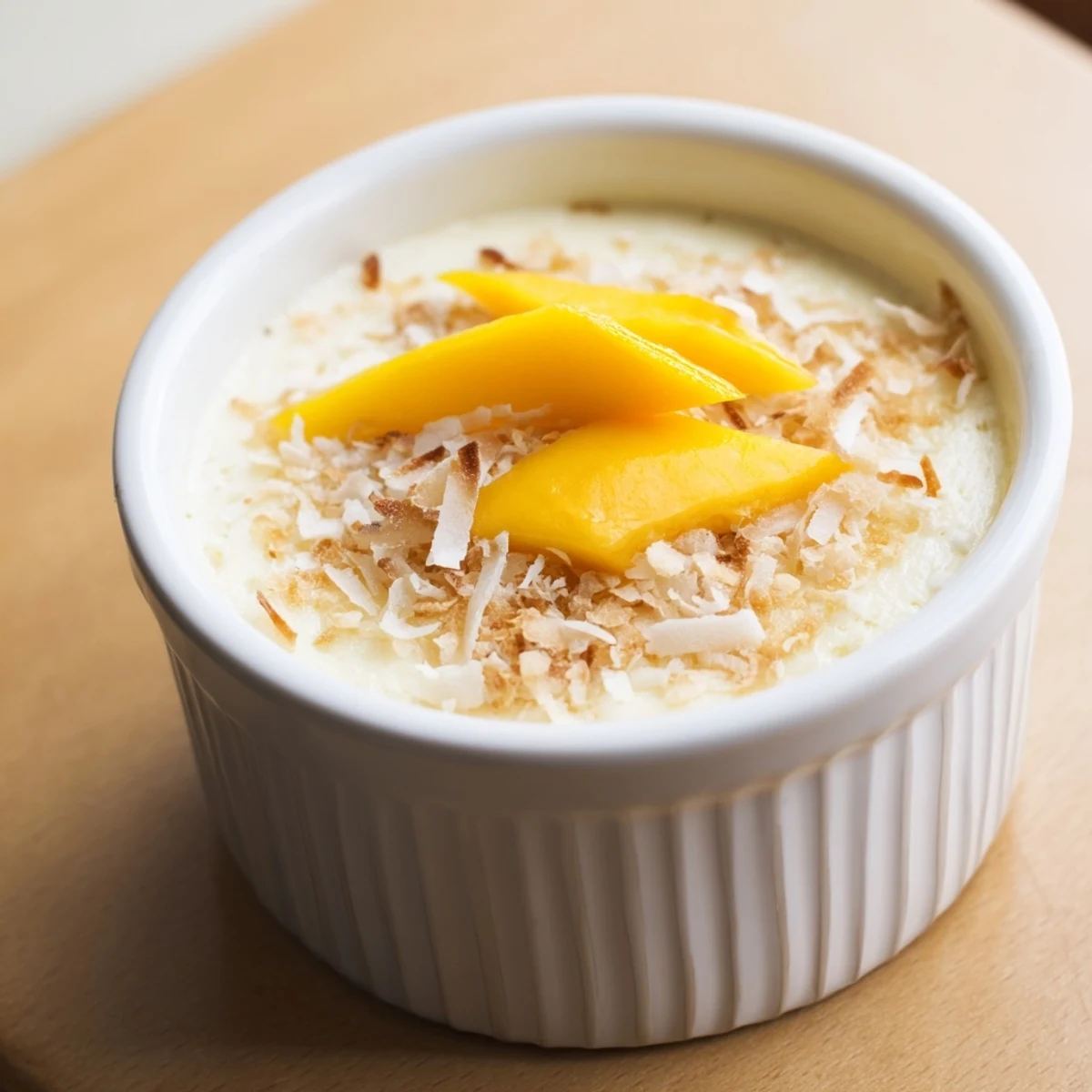 Creamy dairy-free Thai coconut custard garnished with toasted coconut flakes and fresh mango