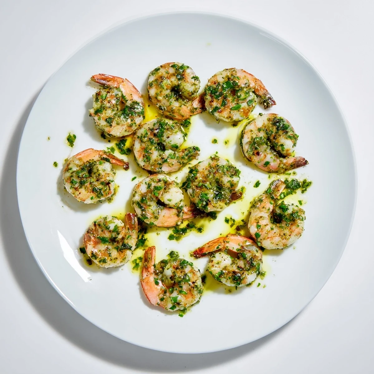Golden pan seared chimichurri shrimp drizzled with vibrant green herb sauce on a white plate