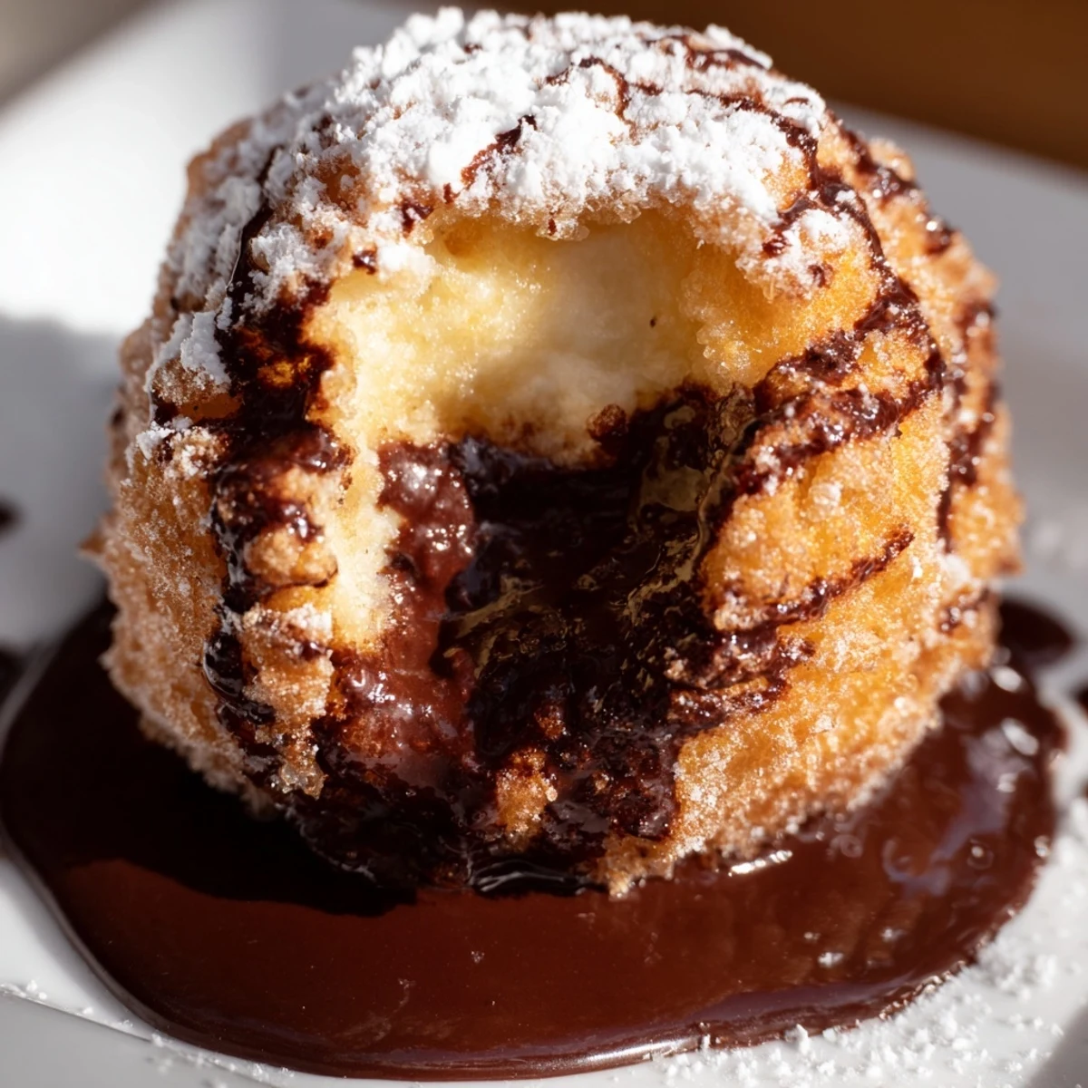 Plate of warm deep fried marshmallows dusted with powdered sugar and chocolate drizzle