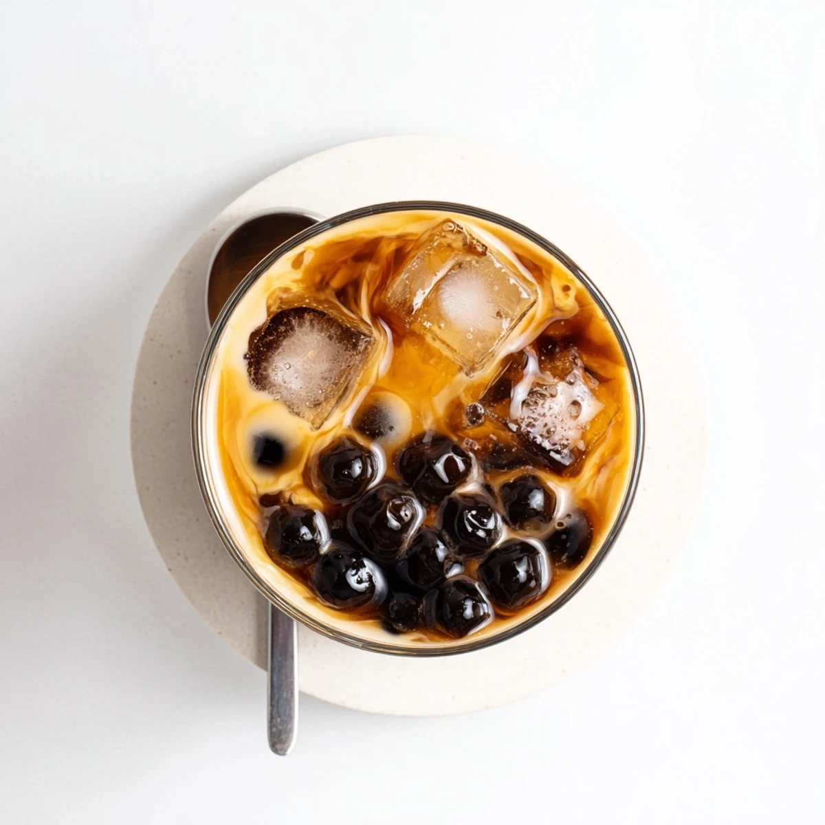 Rich Japanese milk tea featuring roasted brown sugar swirls topped with fresh ice cubes