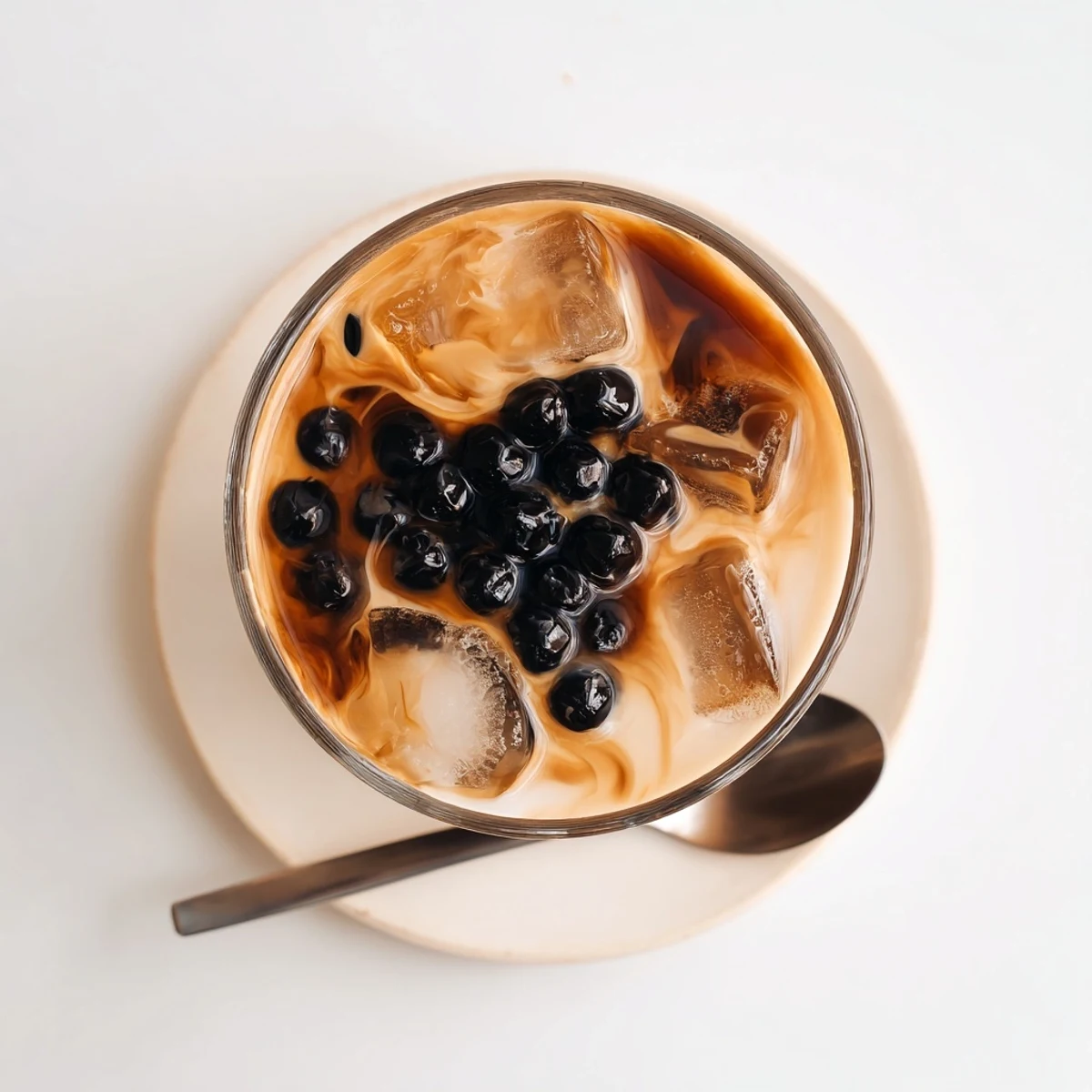 Creamy Okinawa milk tea with deep caramel tones poured over crushed ice in a tall glass