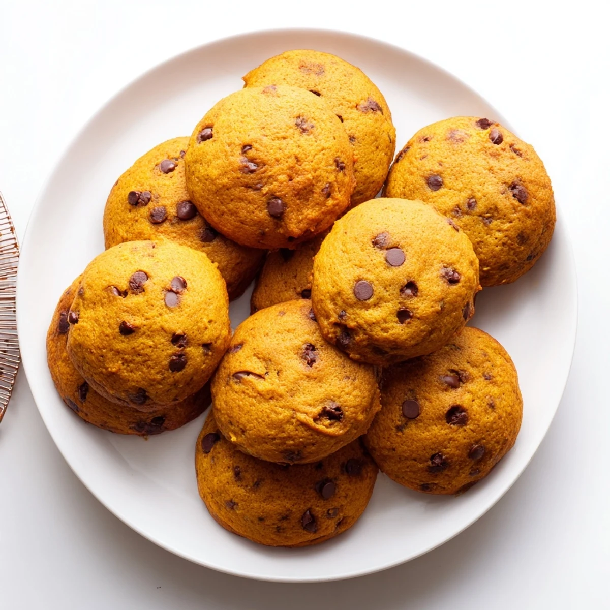 Tender cake-like soft pumpkin cookies topped with melted chocolate chips on a wooden board