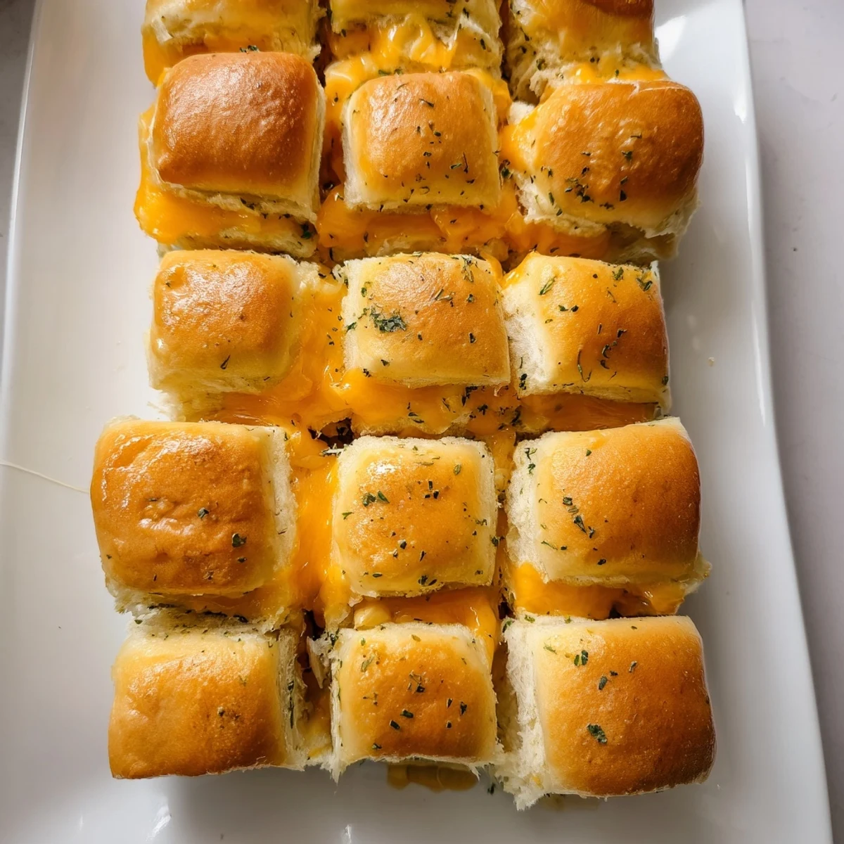 Golden brown mini grilled cheese Hawaiian rolls with melted cheddar on a baking sheet