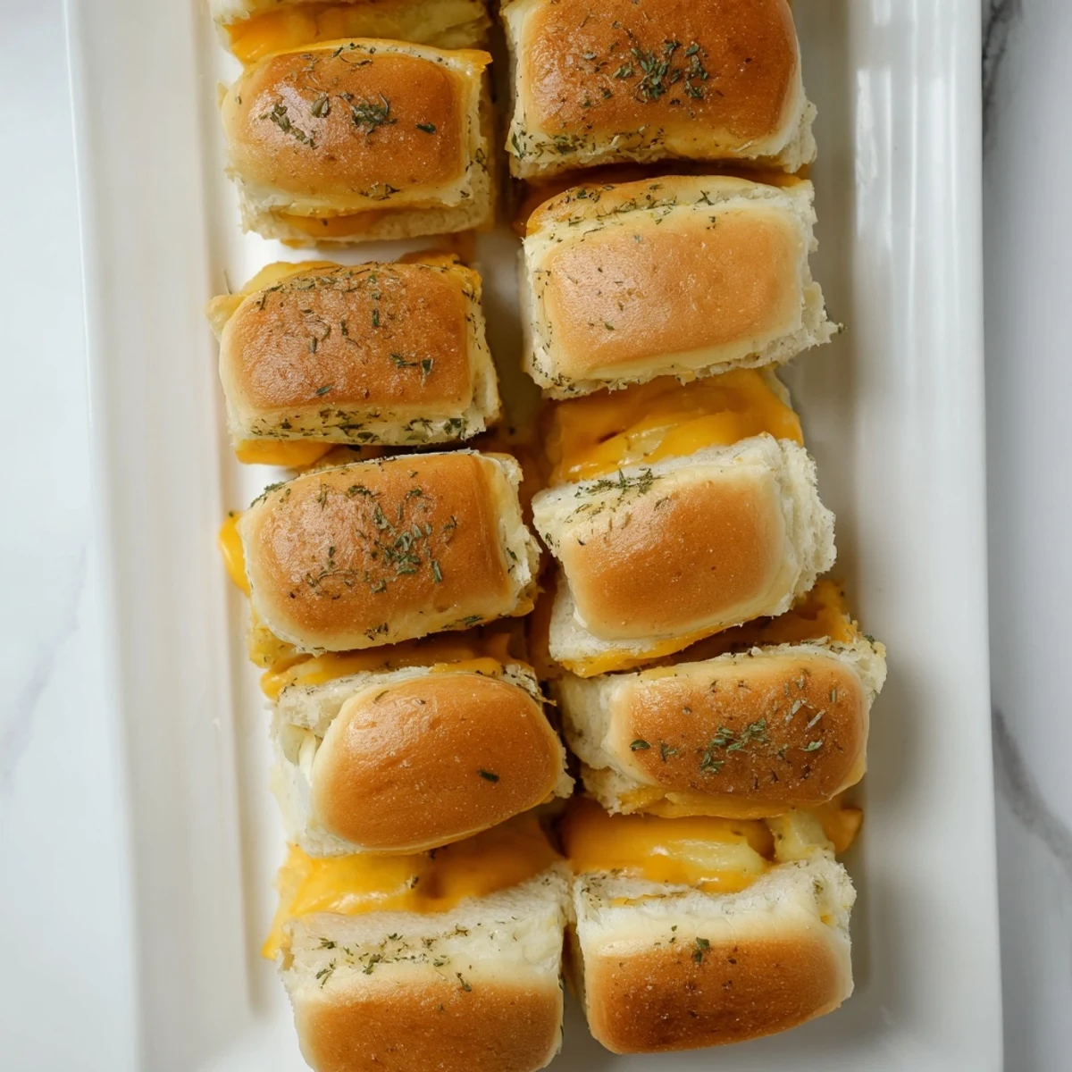 Warm Hawaiian roll sliders stuffed with gooey cheese and brushed with garlic herb butter