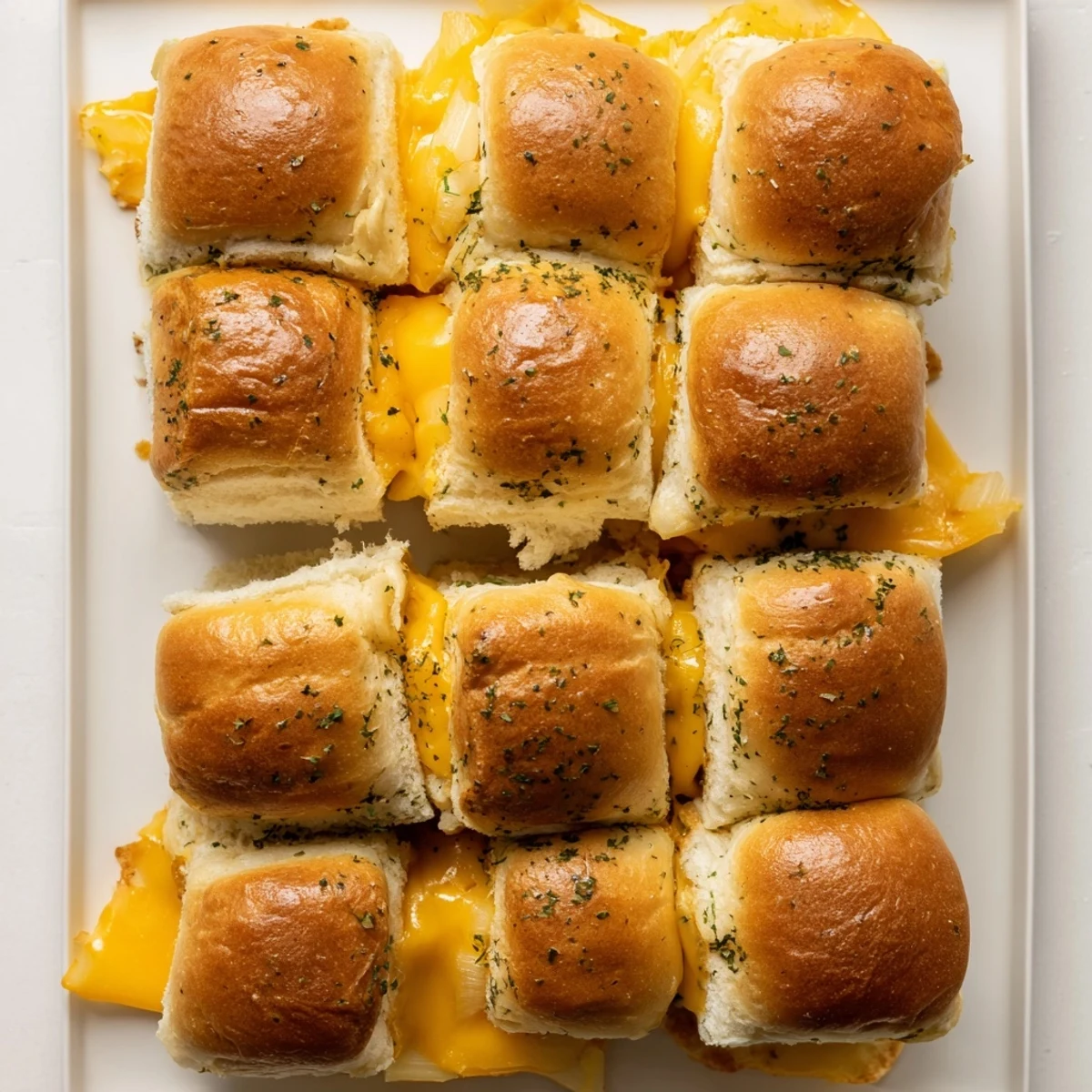 Party ready Hawaiian roll grilled cheese sandwiches with crispy tops and oozing cheddar centers