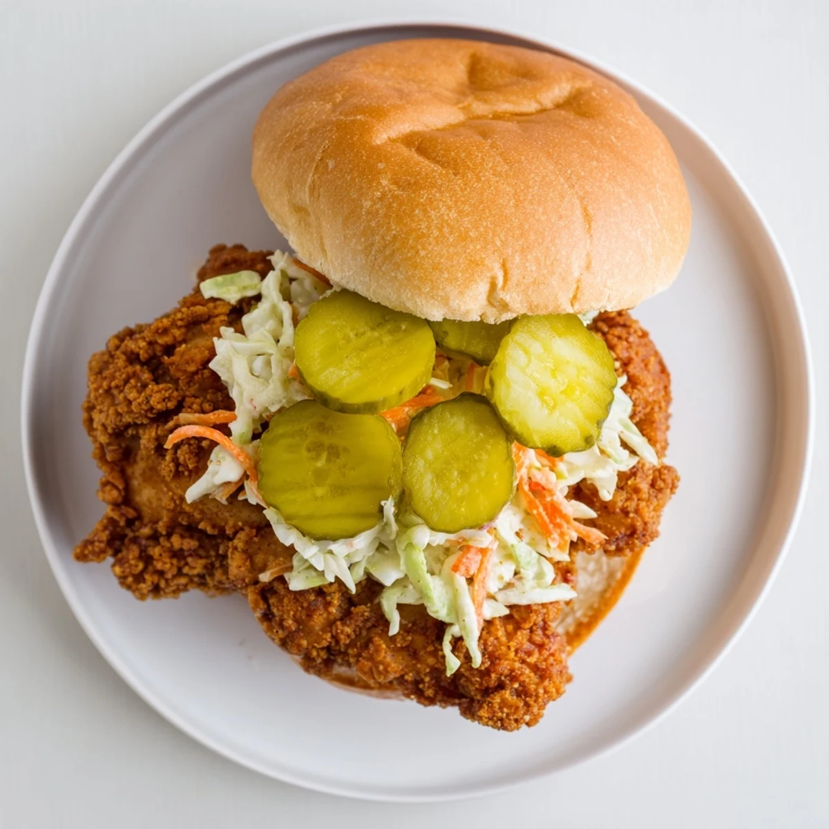 Golden Southern fried chicken burger stacked with crisp slaw and dill pickles on a toasted bun