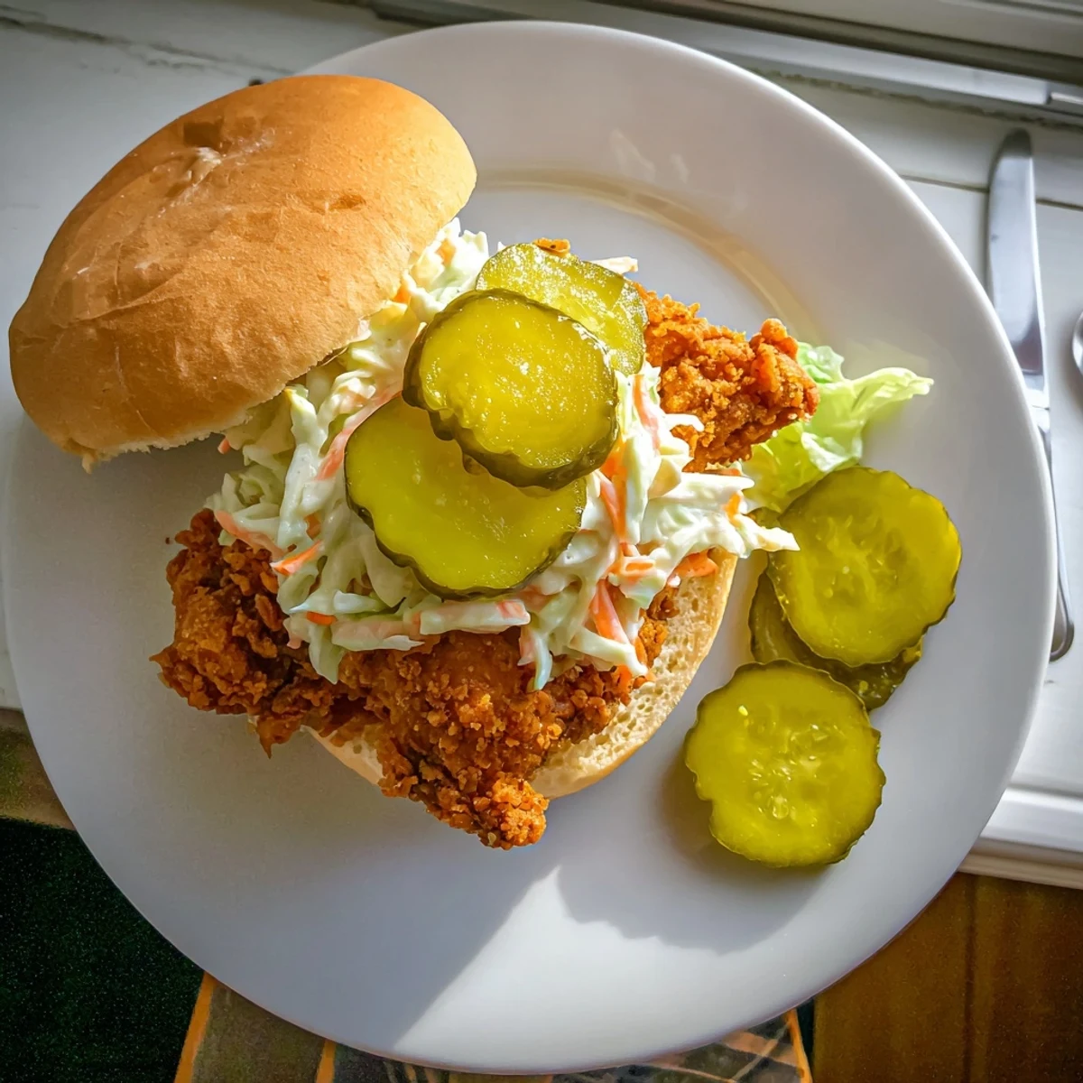 Homemade Southern fried chicken burger with crunchy seasoned coating and creamy coleslaw in soft bread