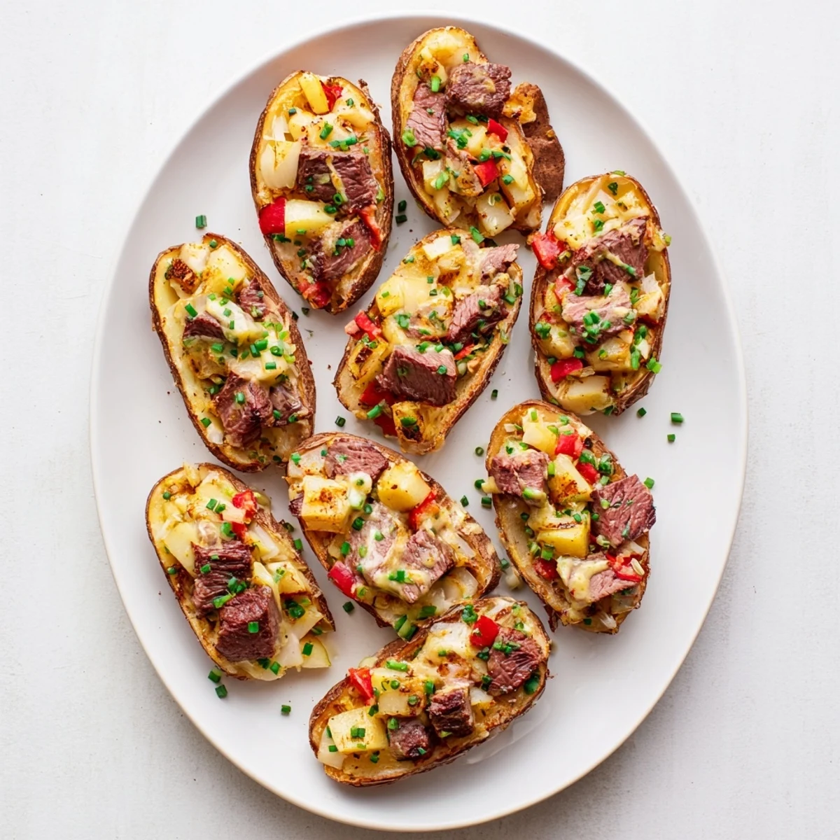 Golden baked potato stuffed with juicy steak and drizzled with rich Parmesan cream sauce