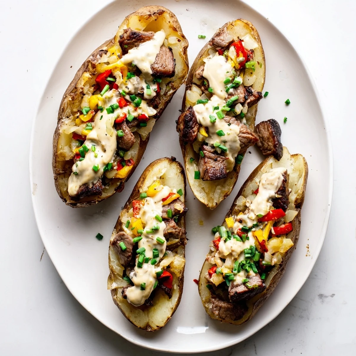 Hearty stuffed baked potato featuring seared steak pieces swimming in a creamy Parmesan topping