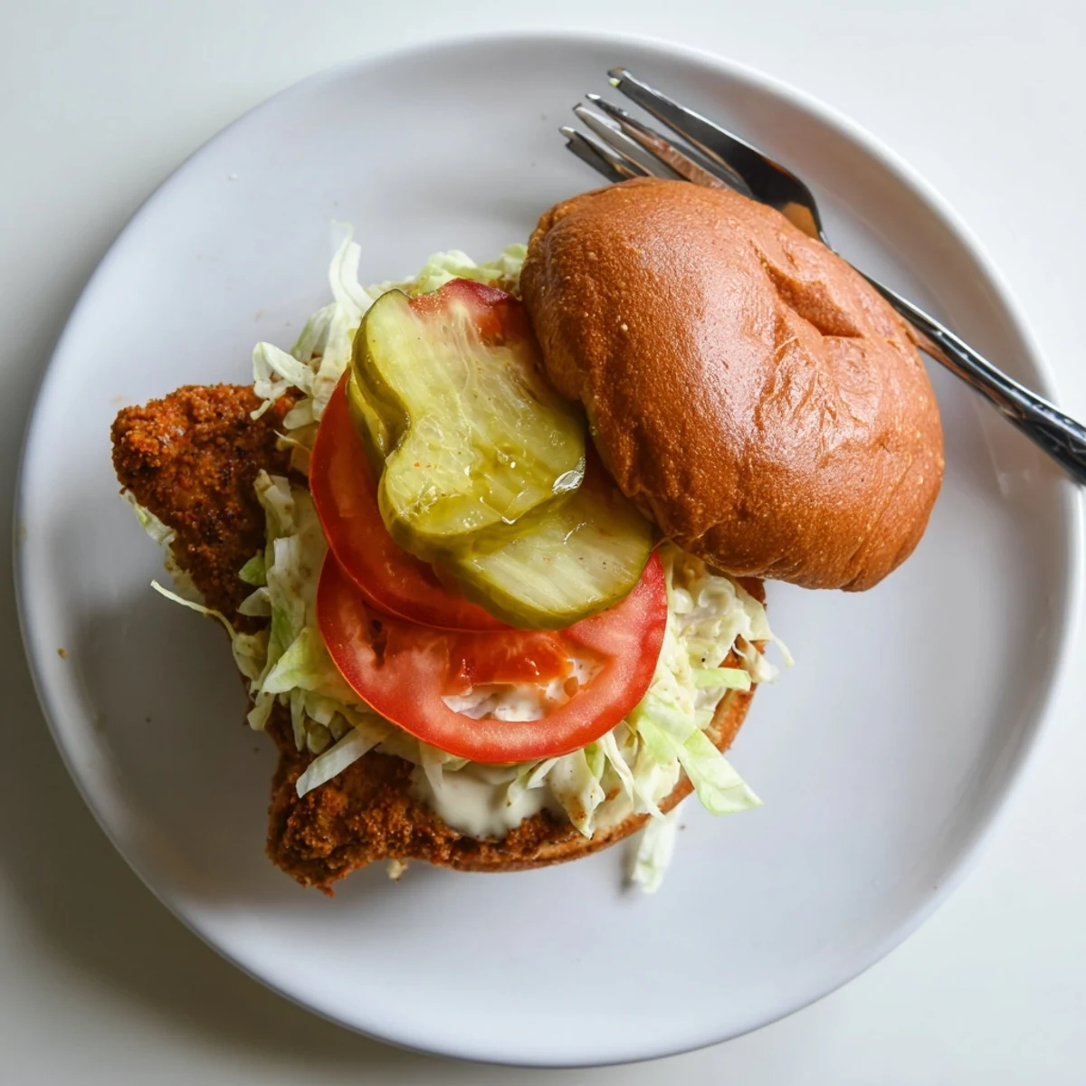 Crispy golden fried chicken breast with spicy coating on toasted brioche bun layered with fresh lettuce and tomato slices