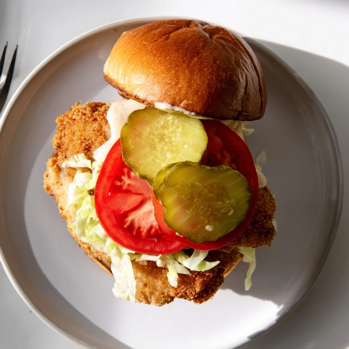 Spicy chicken sandwich drizzled with creamy homemade sauce featuring pickles and shredded lettuce on a warm toasted bun