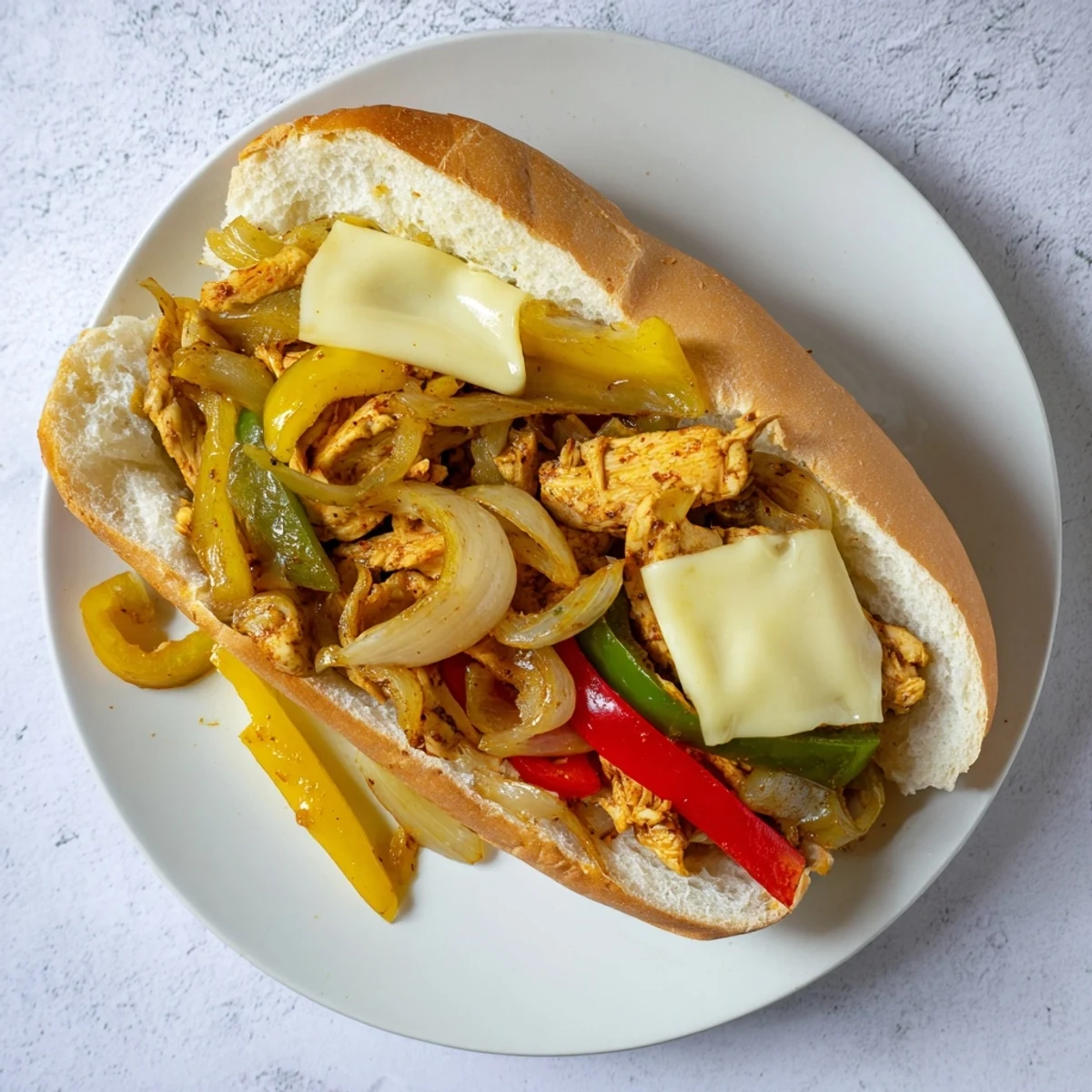 Ultimate chicken cheese steak sandwiches piled with melted provolone on toasted hoagie rolls