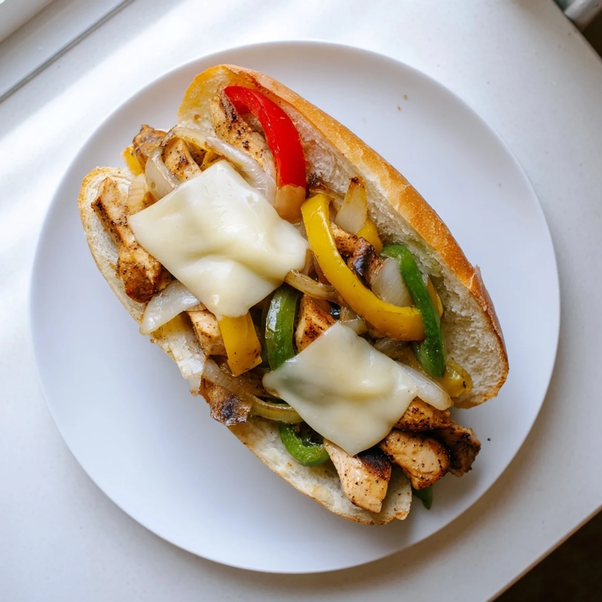 Chicken cheese steak sandwich featuring juicy sliced chicken and colorful bell peppers in rolls