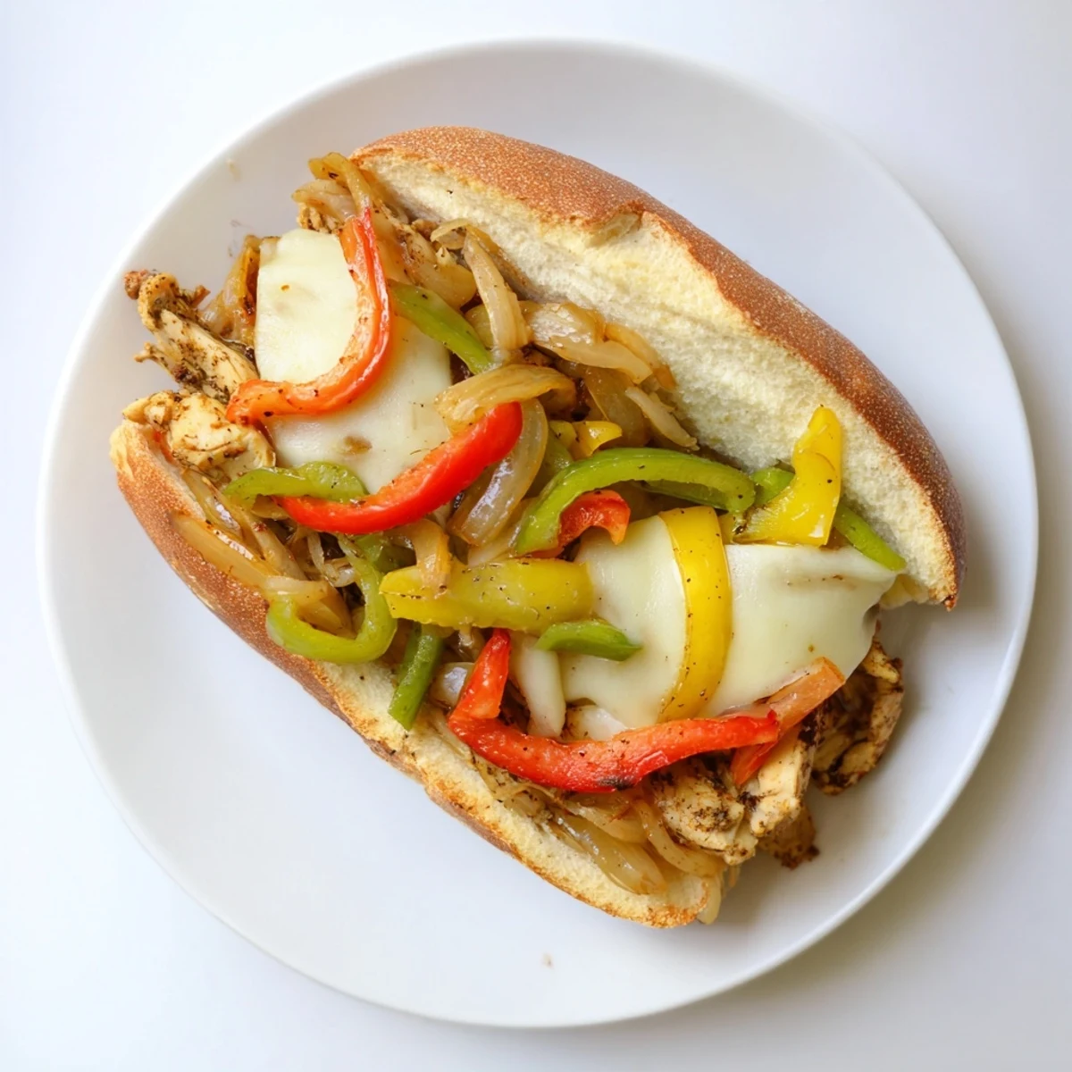 Golden chicken cheese steak sandwich with sautéed peppers and onions oozing melted cheese
