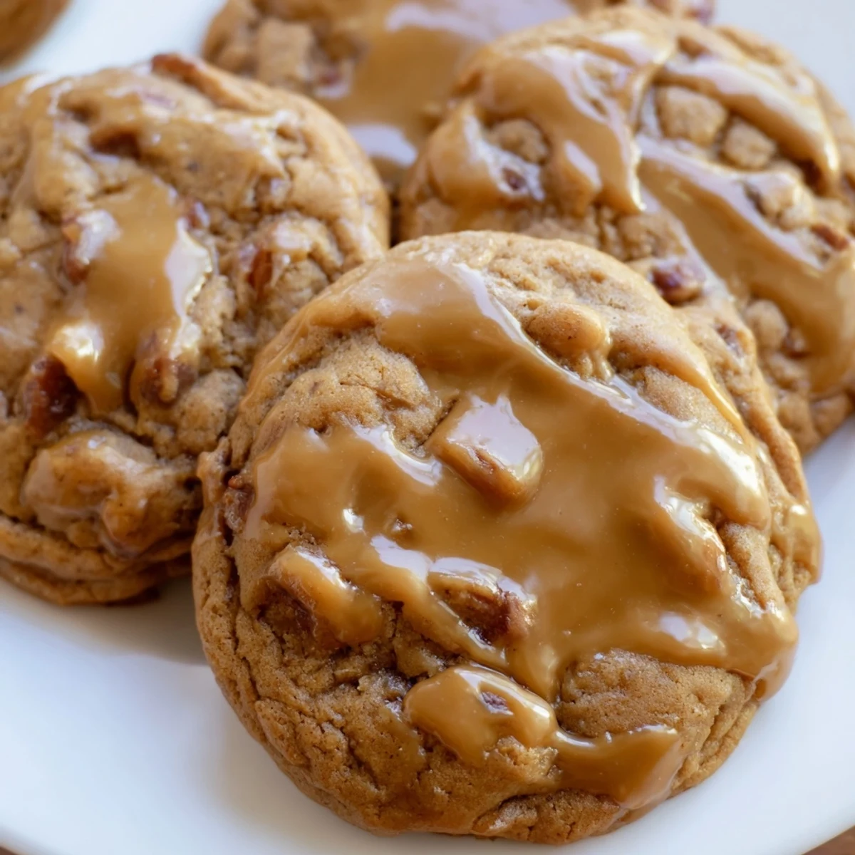 Soft chewy sticky toffee pudding cookies topped with glossy brown sugar toffee sauce
