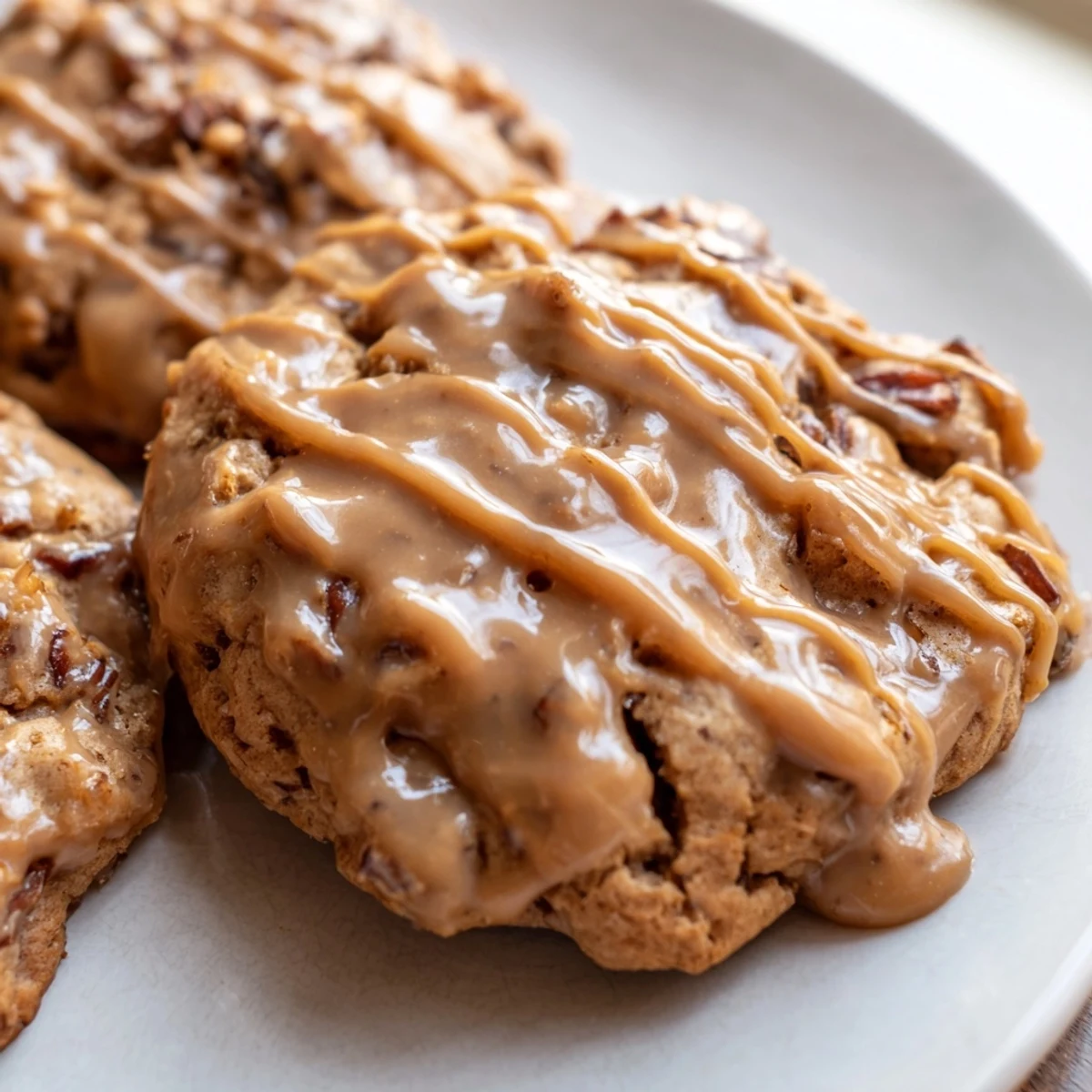 Golden brown sticky toffee pudding cookies drizzled with warm buttery toffee glaze