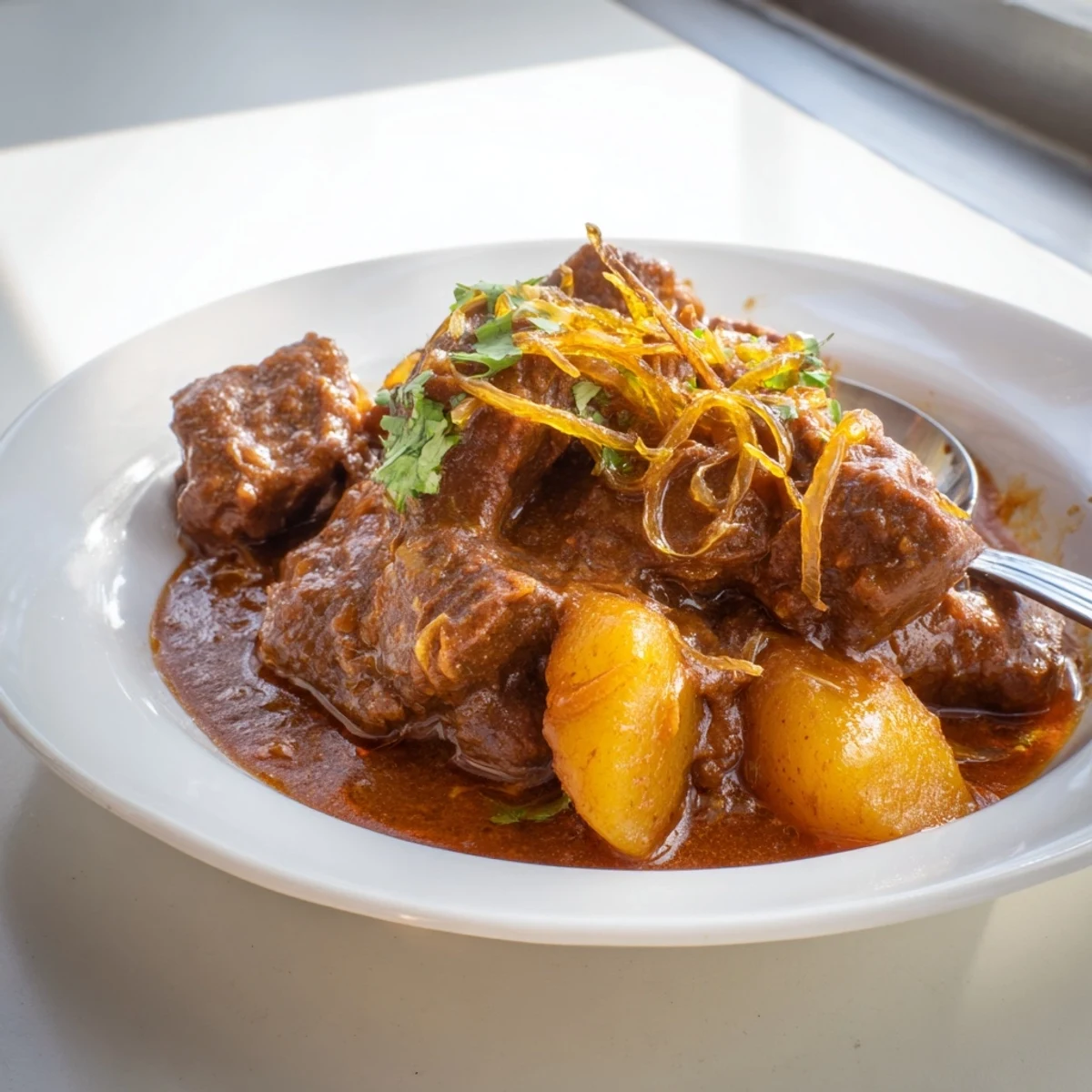 Rich Indian beef curry slow-cooked with potatoes and onions served over fluffy white rice