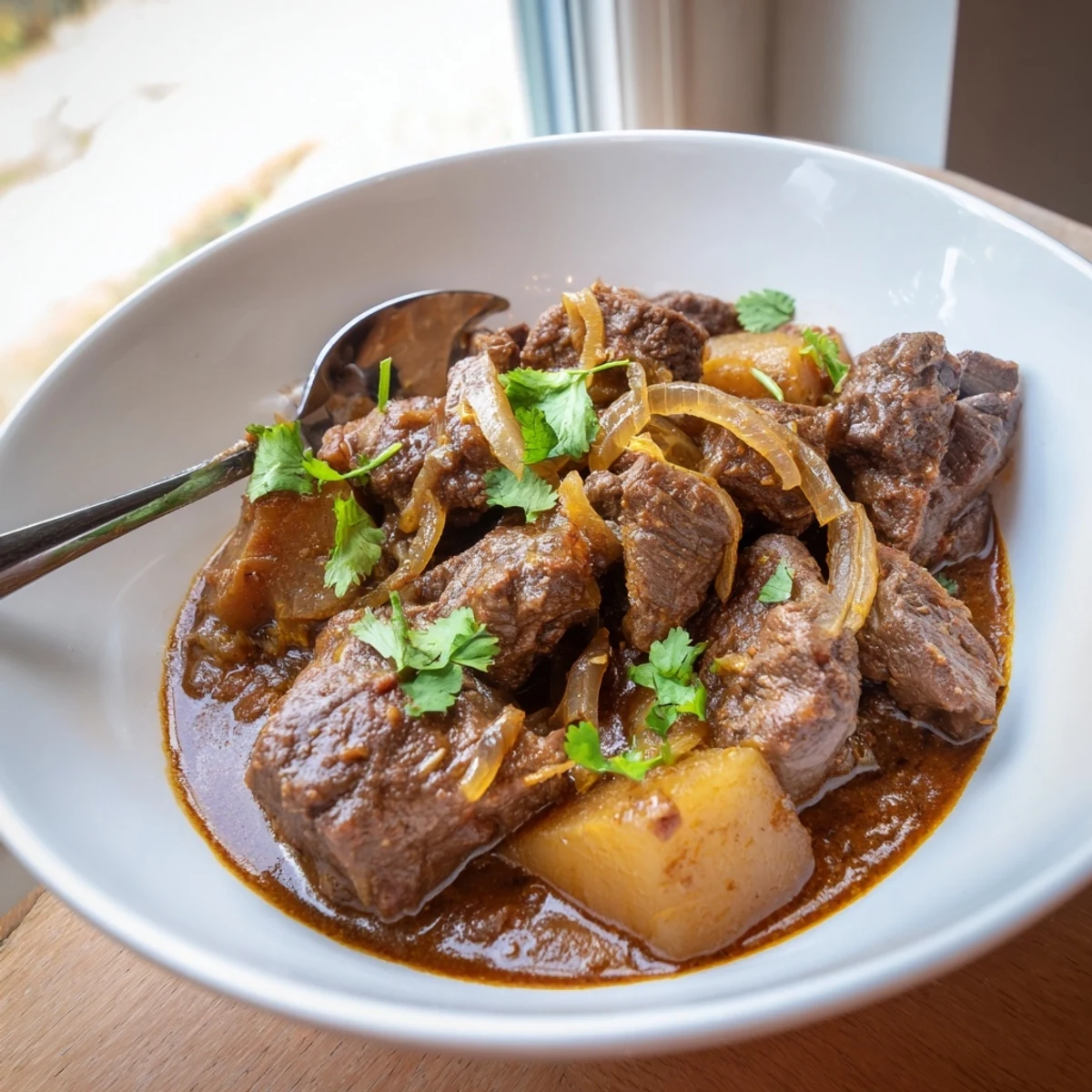 Slow cooker Indian beef curry featuring tender beef chunks in aromatic coconut milk sauce with fresh cilantro garnish