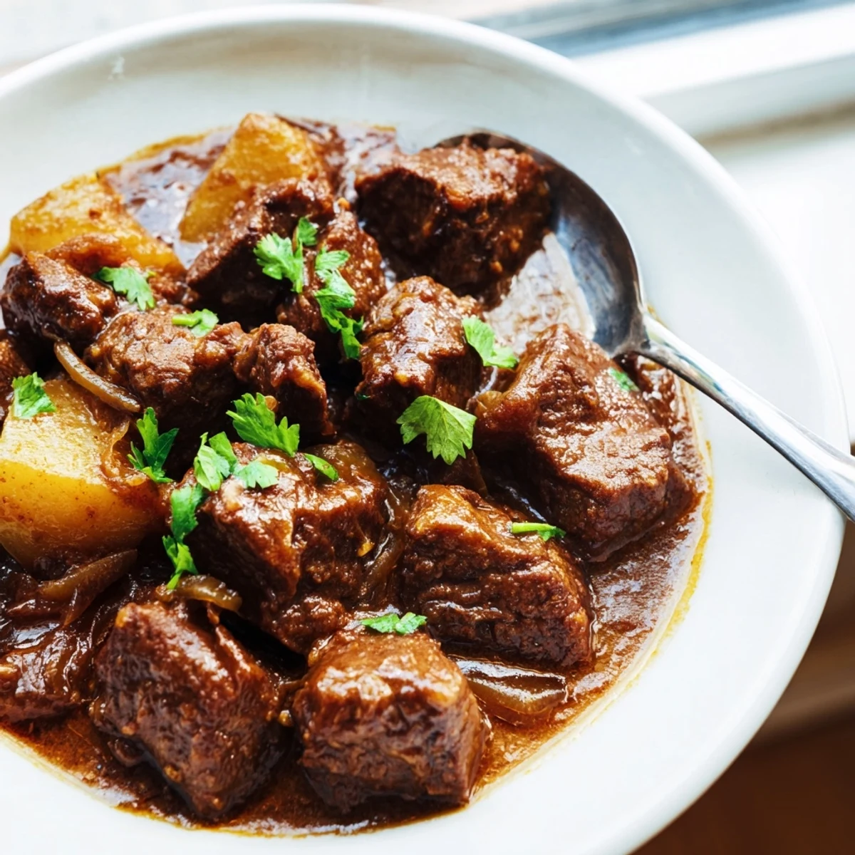 Savory slow cooker Indian beef curry bubbling with spices and tender beef cubes garnished with green herbs