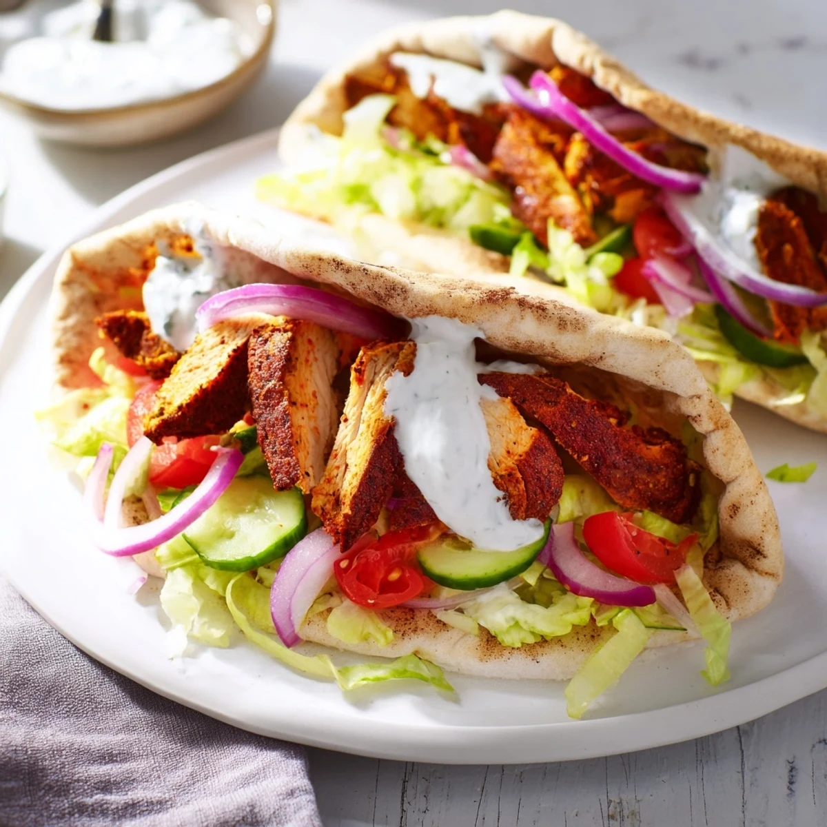 Spiced chicken shawarma plated with fresh tomatoes, cucumber, and creamy garlic sauce