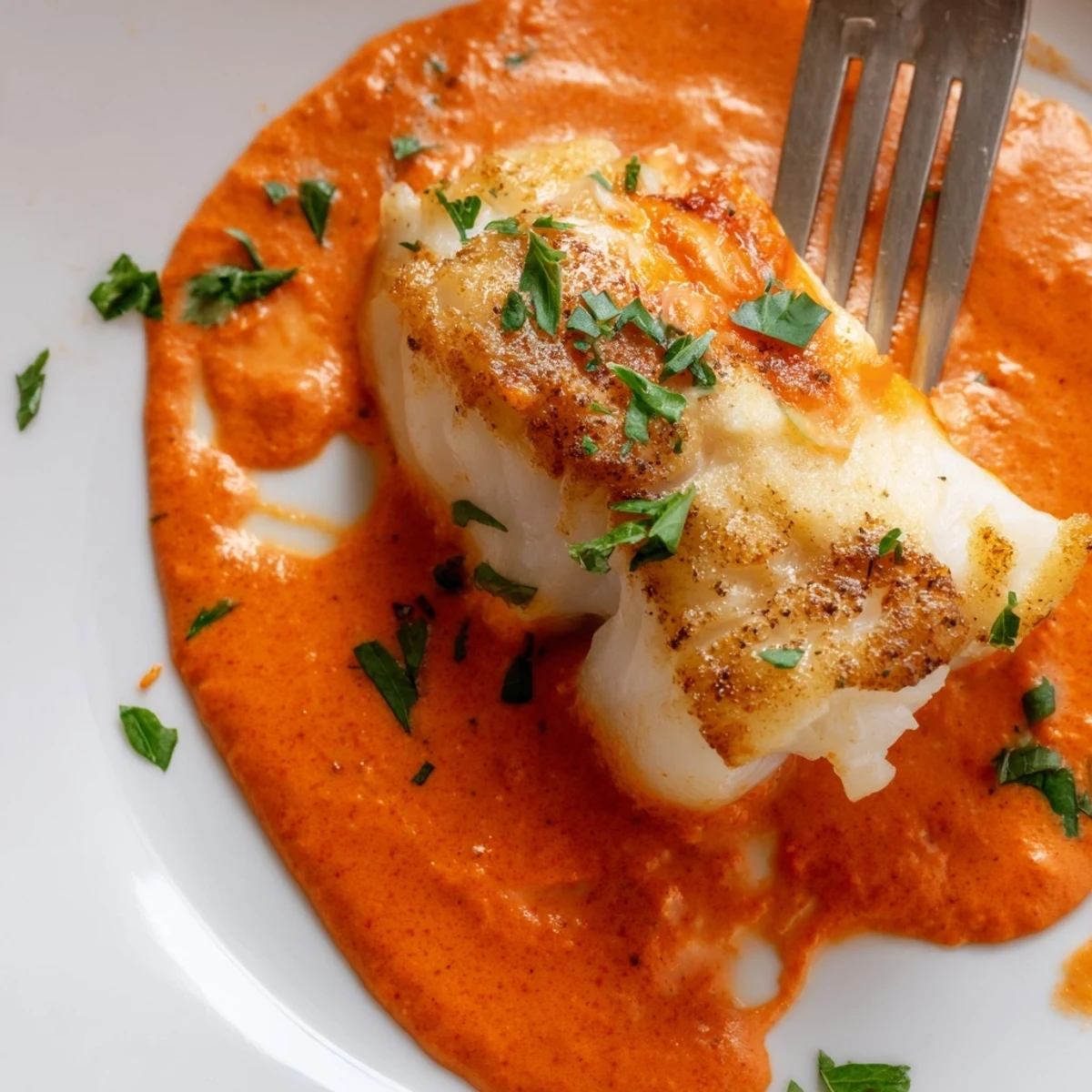 Flaky white cod simmered in creamy Mediterranean red pepper sauce with fresh parsley