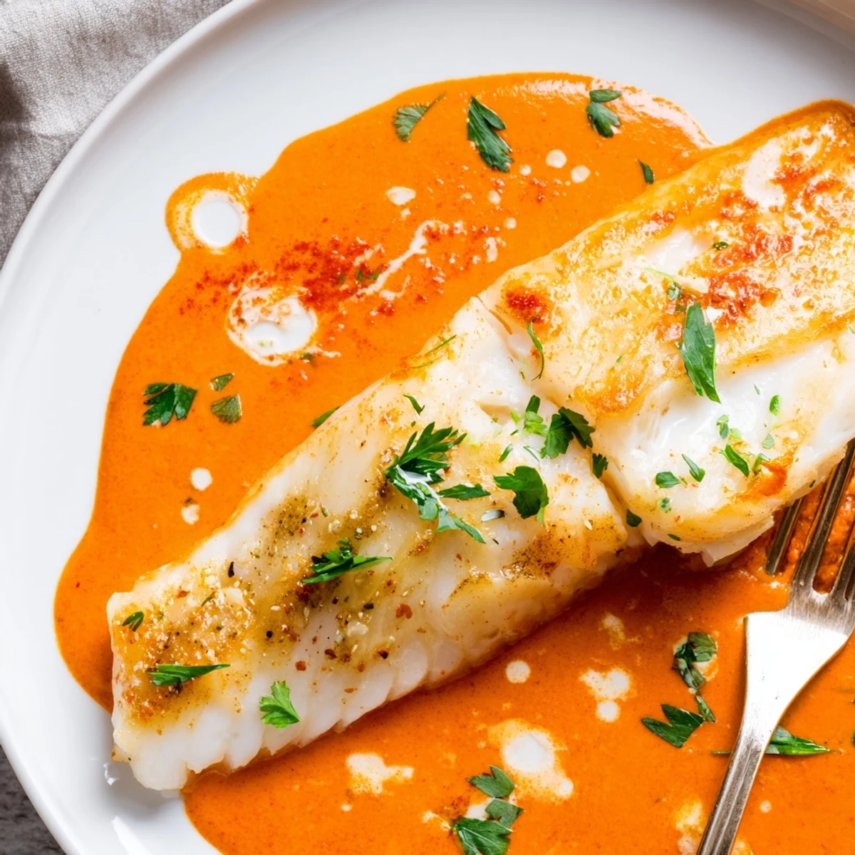 Golden seared cod fillets nestled in vibrant roasted red pepper cream sauce