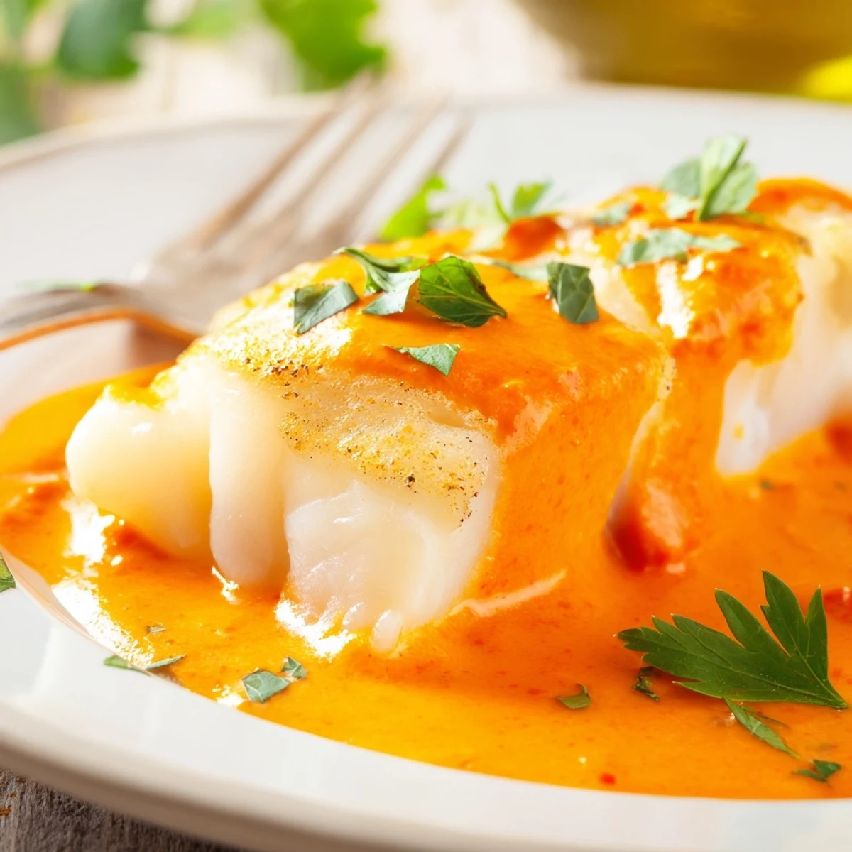 Tender baked cod swimming in smooth roasted red pepper sauce with lemon garnish