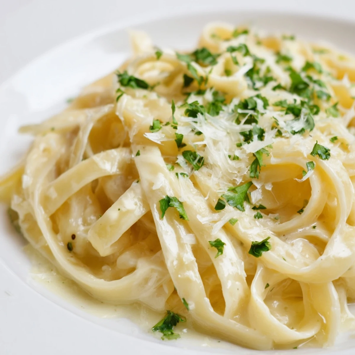 Creamy fettuccine Alfredo pasta coated in silky Parmesan butter sauce topped with fresh parsley