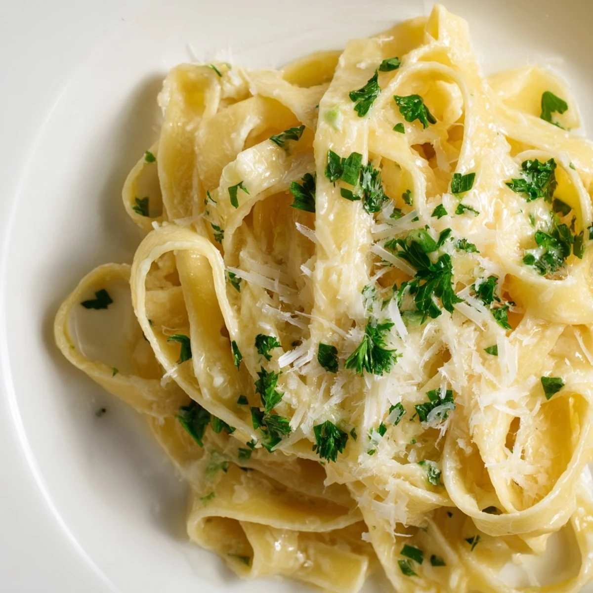 Homemade fettuccine Alfredo recipe featuring glossy pasta strands in a velvety cheese sauce